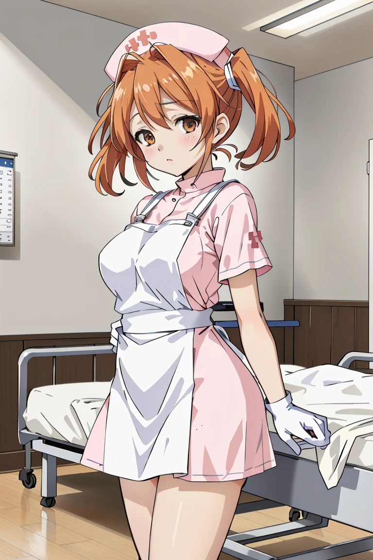 ((masterpiece, best quality,lower_body)), operating table,medical monitors,hospital bed, <lora:Chika Naruse v1:0.8> (chika naruse, 1girl, twintails, orange hair, brown eyes) <lora:0- CL - Latex Nurse Apron V2:0.7> (latex_nurse_v2, nurse, nurse cap, apron, gloves,shiny dress),