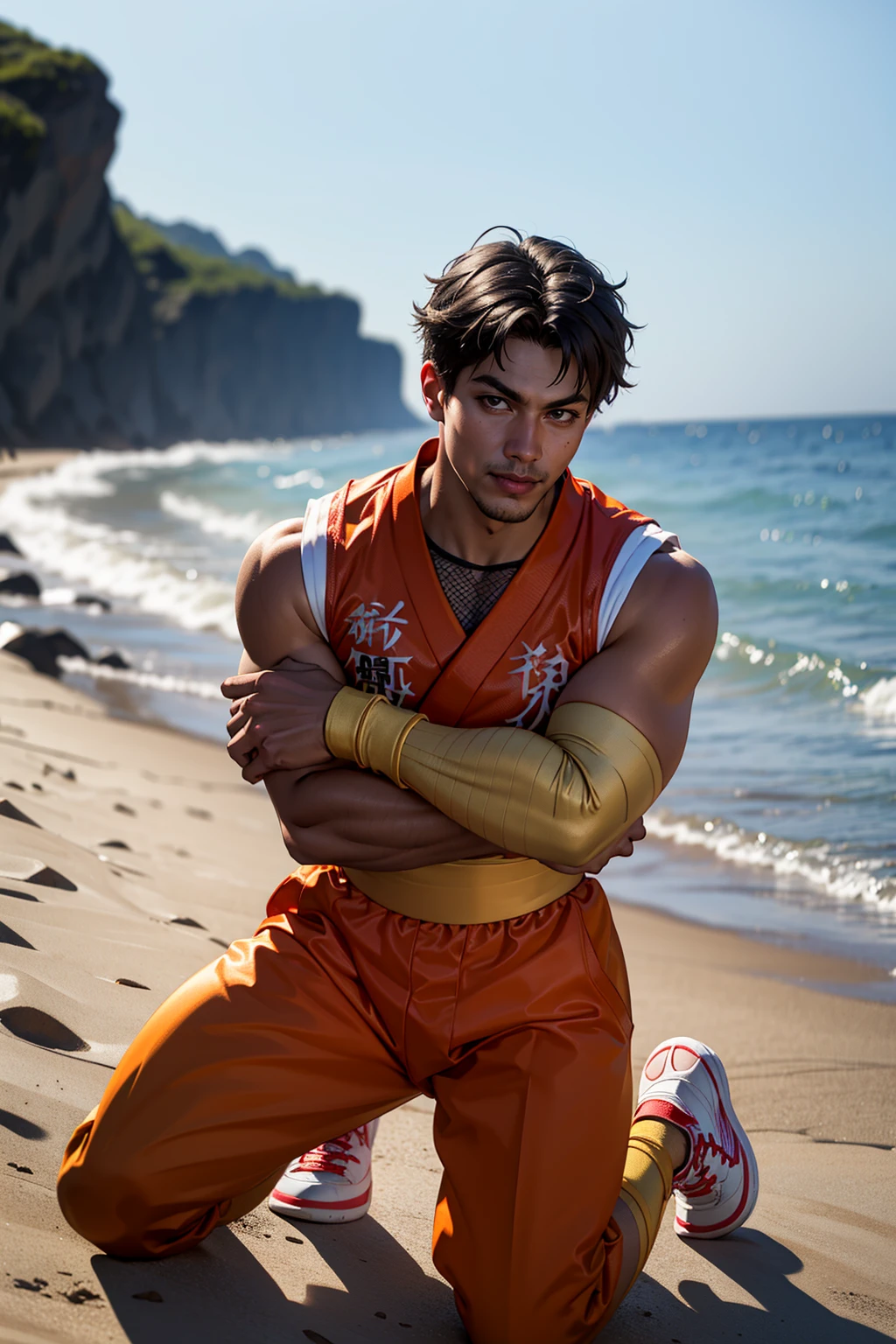 (masterpiece,  best quality:1.2),  solo, FFguy,  1guy,  orange dougi,  orange gi,  karate clothes,  (fishnet top:1.2),  hand wraps,  belt,  orange pants,  sneakers,  kneeling,  at the beach,  smirk,  masterpiece,  perfect face,  perfect picture,  detailed eyes,  sharp focus, High detailed view, , High detailed , best quality,<lora:EMS-79-EMS:0.300000>,<lora:EMS-291488-EMS:1.000000>