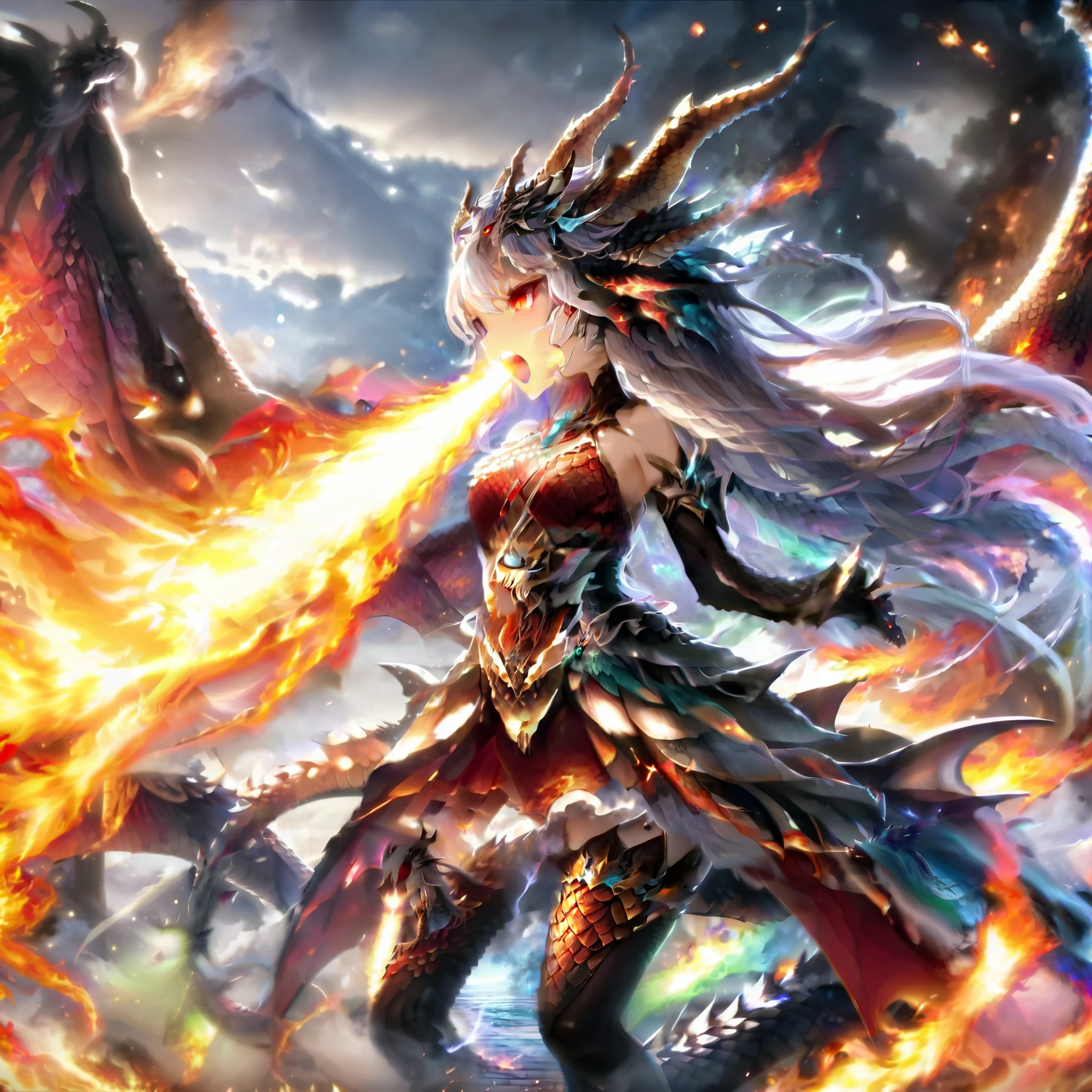 masterpiece,absurd resolution,,(Best quality:1.2), highres, (scenary:1.2),,FireBreath,blowing out fire trought mouth,breathing fire,1girl,solo,long hair,breasts,thighhighs,dress,bare shoulders,standing,tail,full body,red eyes,silver colored hair,outdoors,wings,horns,sky,fire,monster girl,dragon horns,dragon girl,dragon tail,scales,dragon wings,destruction,breathing fire,molten rock
,  <lora:add_detail:1> <lora:more_details:1>, <lora:FireBreath:1>,
