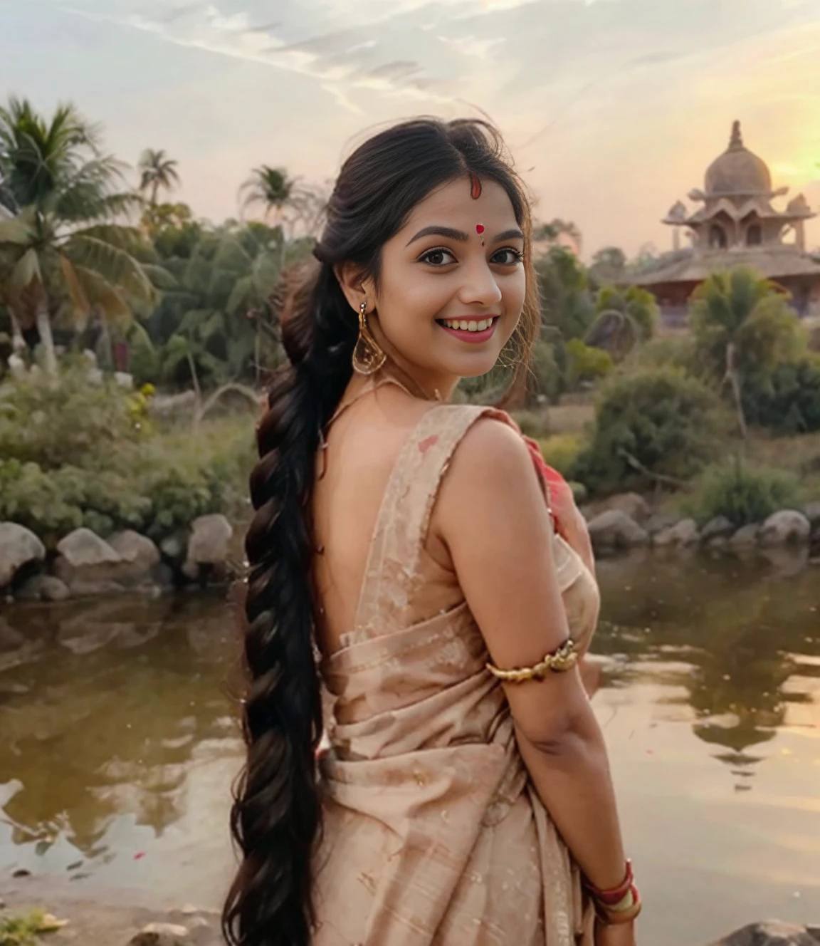 beautiful 30yo woman wearing saree <lora:OnlySaree_V2:0.6> <lora:ReaLora:0.8> beautiful background, indian temple in background, long braided hair, very long hair, posing in water, sunset, sunflairs, heavy jewelry, smiling <lora:long_braid_hairstyle:0.7>