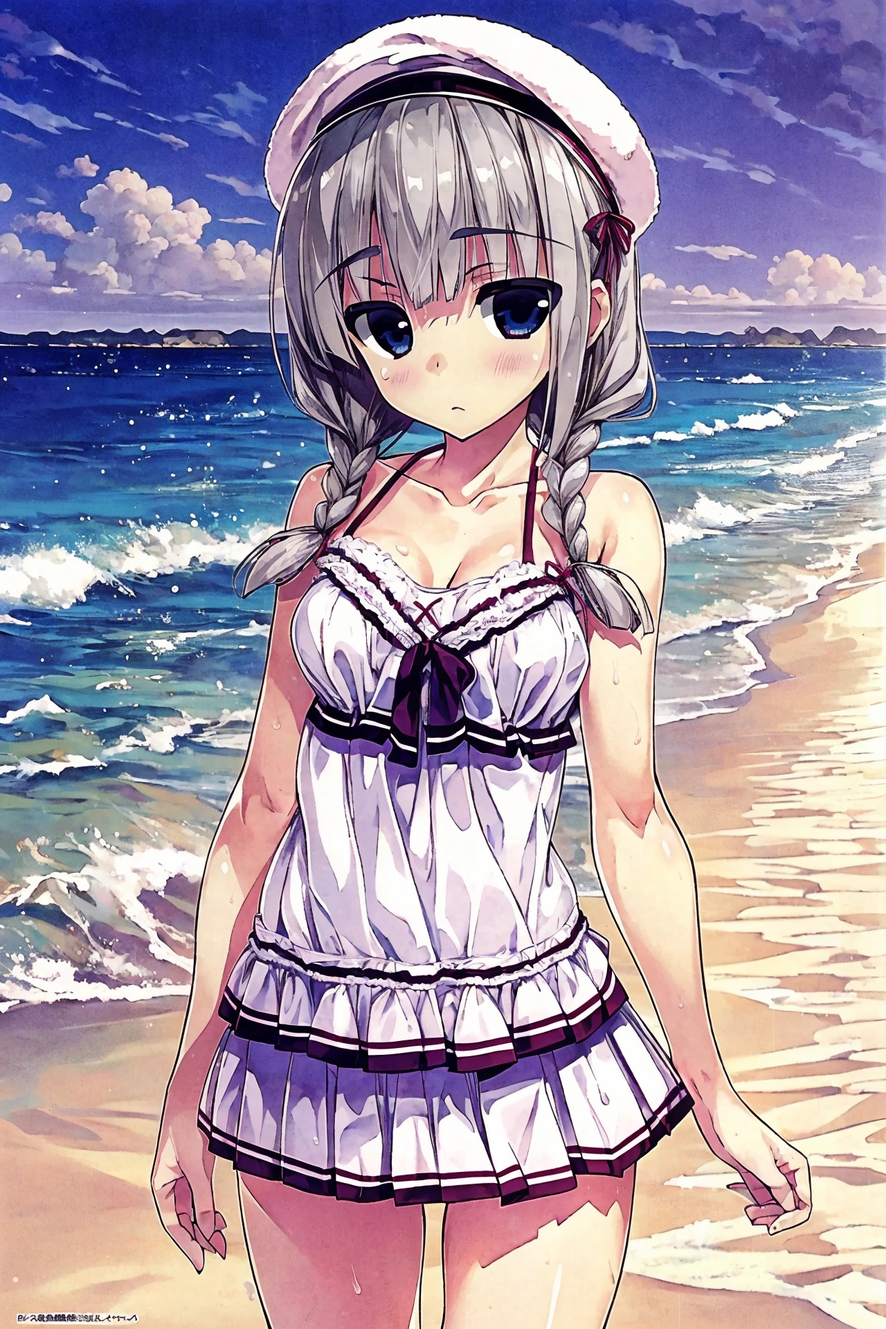 <lora:shintaro+MEI-000015:1> shintaro+, (masterpiece, top quality, extremely detailed, best quality, beautiful and aesthetic:1.2), (1girl:1.3), official art, high resolution, surreal,, straight-on, beach, palm tree, towel, sand, dusk, dynamic pose, gray hair, long hair, twin braids, two-tone eyes, monster girl, (camisole, miniskirt), medium breasts, nervous, cap, neutral expression