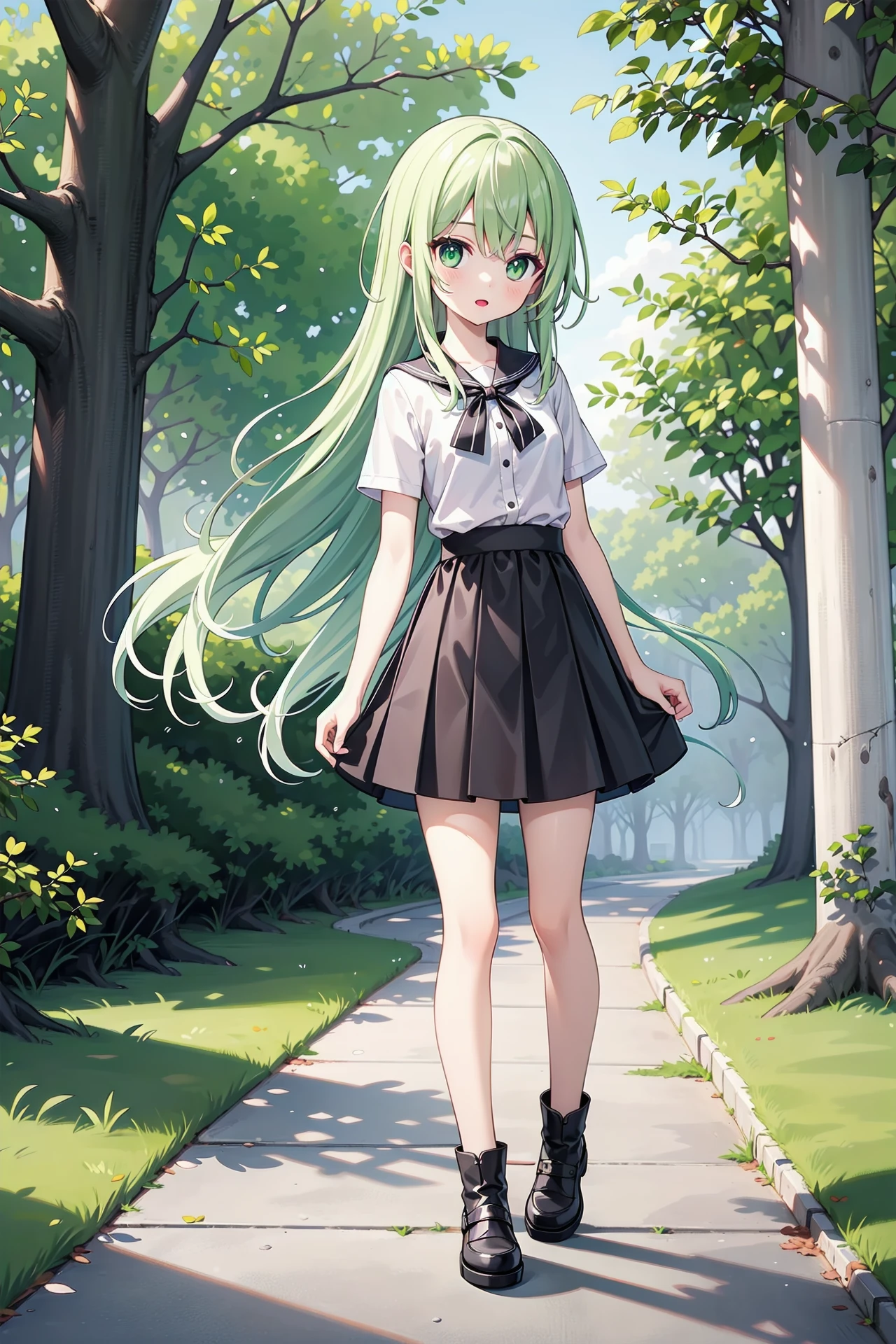 (((masterpiece))), best quality, illustration, (******* girl), 1girl with white long hair, beautiful detailed green eyes, white long straight hair, ((cute)), (petite), slim, solo, solo focus, shirt, skirt, full body, outside, trees