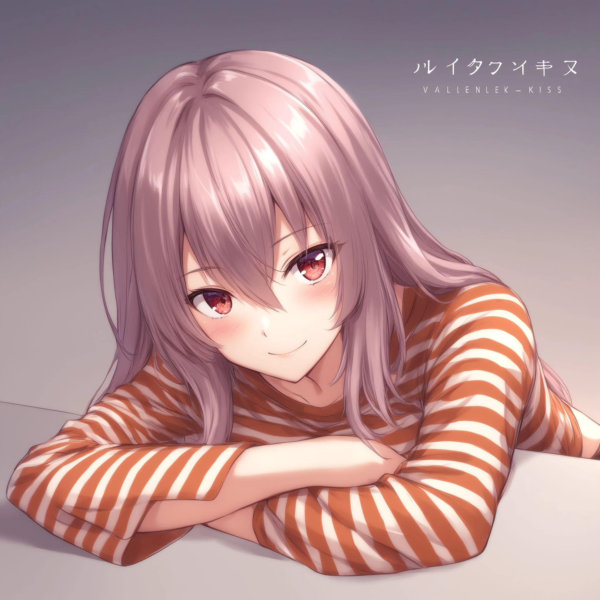 1girl, <lora:sdxl2-flat2-512b:-1>,medium breasts,
<lora:ValekisXLv1:0.6>,Valekis,solo, smile, looking at viewer,long sleeves, simple background, upper body, striped shirt, character name, copyright name, crossed arms, lying, leaning forward,
best quality,medium quality,