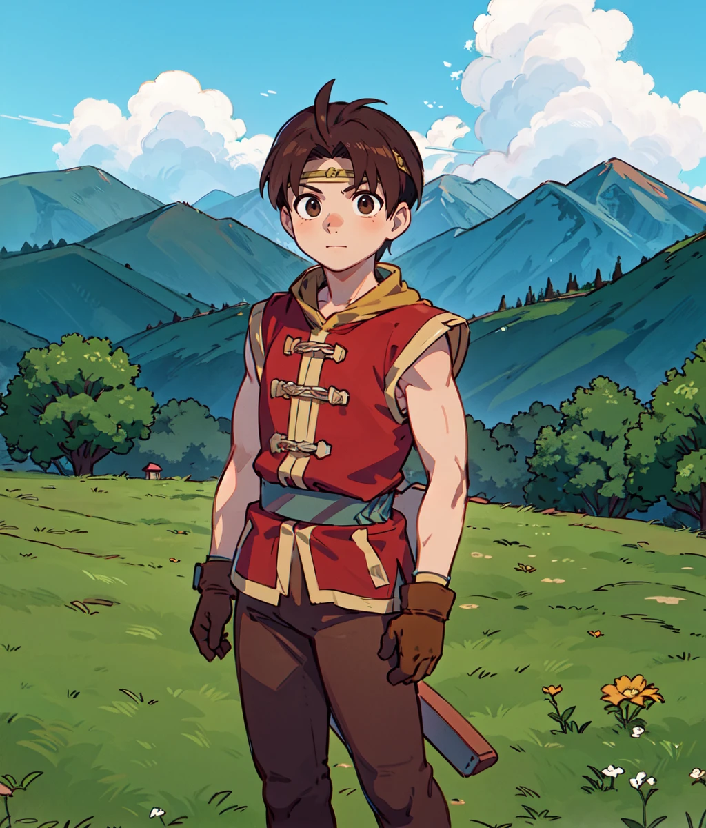 masterpiece, anime screencap, 1 boy, solo, brown hair, circlet chinese clothes, red shirt, bare arms, brown pants, full body, outdoors, mountain, cowboy shot <lora:Riou:1>
