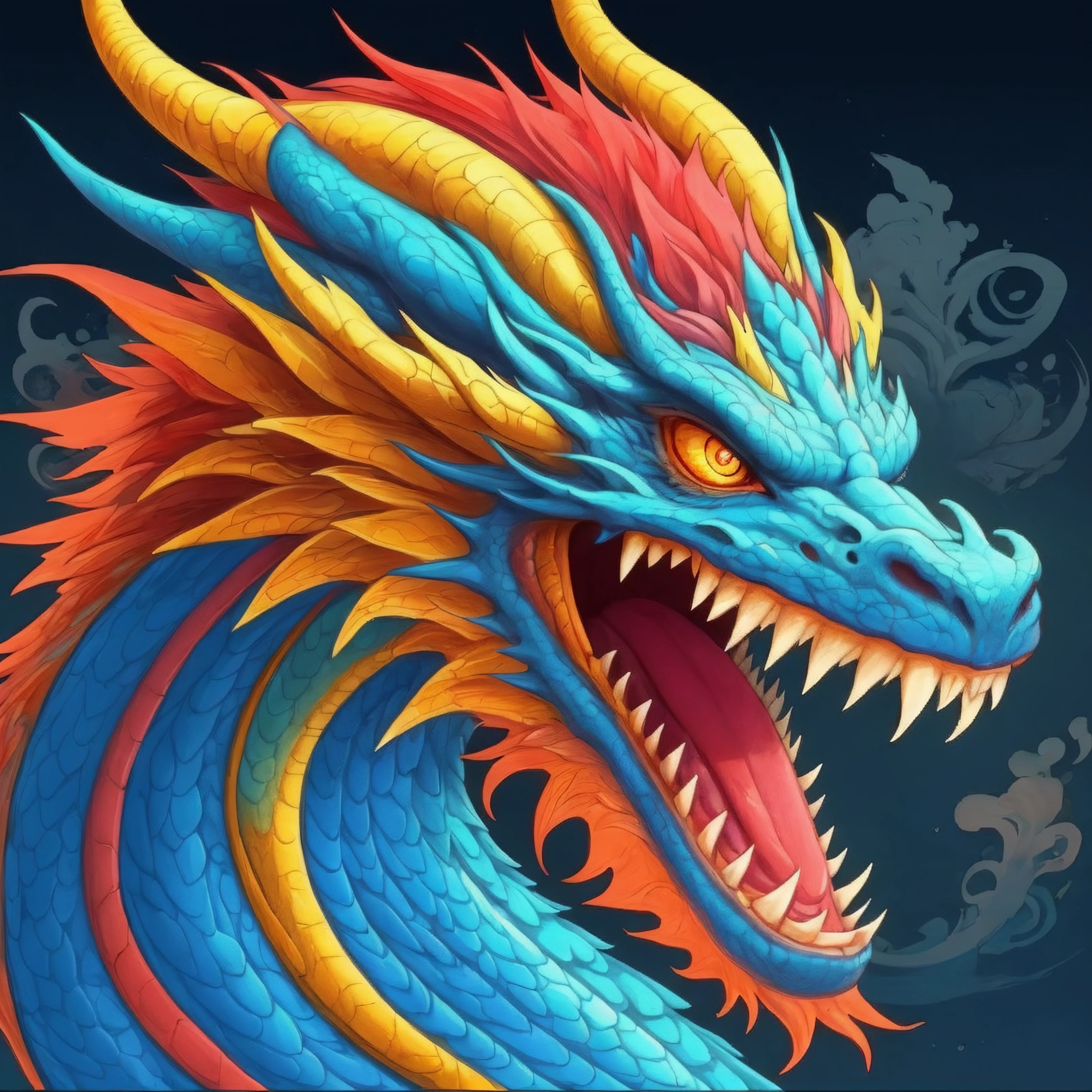 An oriental dragon,Dragon,Faucet,Horns on the head,fear,Scary,Huge teeth,ferocious,(side view:1.2),White background,cartoon,Second Dimension