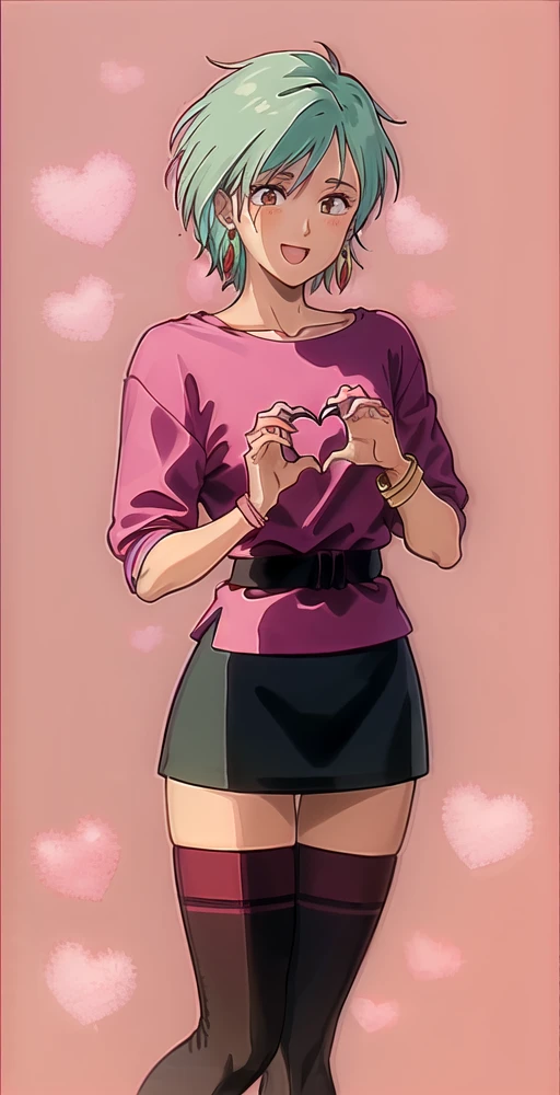 MA, 1girl, solo, portrait, happy, shirt, elbow sleeves, belt, skirt, thighhighs, earrings, bracelet, heart hands, (pink valentines background), perfect quality, good quality, masterpiece, HDR, UHD <lora:Megumi Amano-000004:0.7>