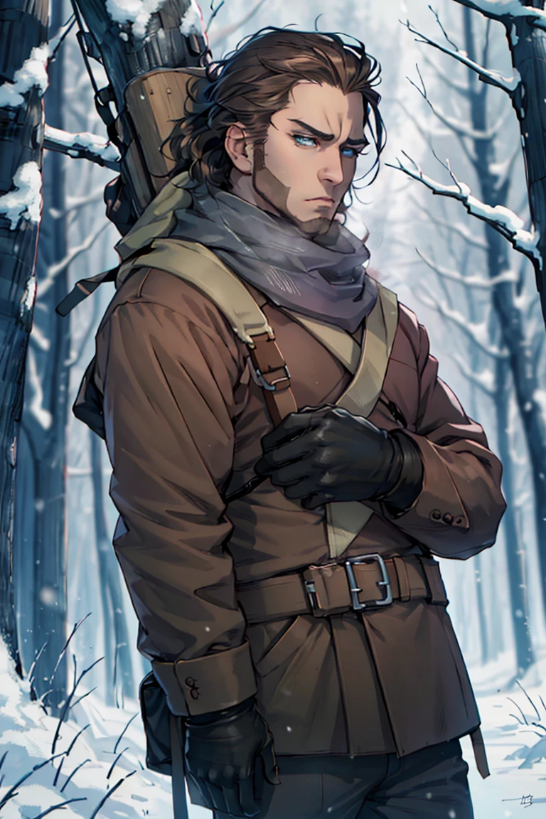 (1 image only),  solo male,  Vasily Pavlichenko,  Golden Kamuy,  Russian,  sniper,  brown hair,  blue eyes,  sharp eyes,  defined eyelashes,  furrowed brow,  wavy medium-length hair,  bold sideburns,  short and neat Shenandoah beard,  lightly-colored coat,  dark gloves,  scarf,  pants,  boots,  crossbody bag,  handsome,  charming,  alluring,  standing,  upper body in frame,  perfect anatomy,  perfect proportions,  2d,  anime,  (best quality,  masterpiece),  (perfect eyes,  perfect eye pupil),  high_resolution,  dutch angle,  snowy forest,  better_hands,<lora:EMS-291741-EMS:0.700000>,<lora:EMS-498-EMS:0.200000>