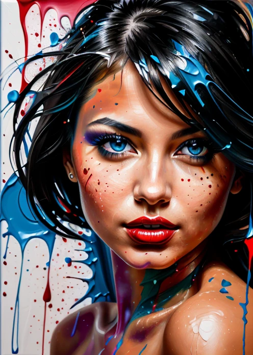 a woman, seductive look, look into the camera, medium shot, colorful, <lora:MS_Acrylic_Art:0.8>,paint drops, paint splash, painting,