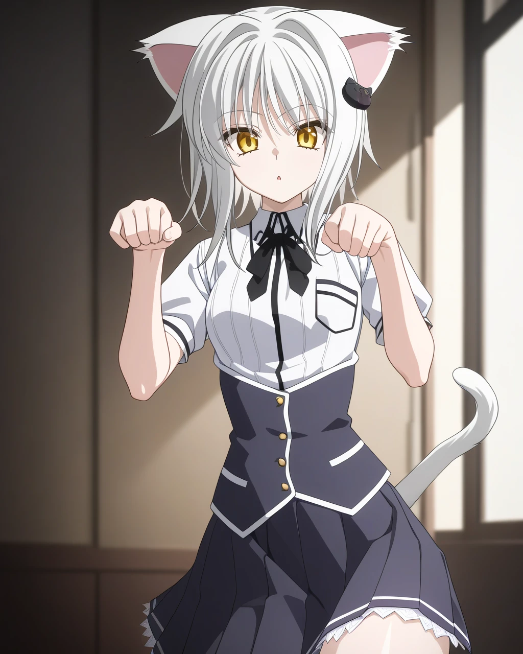 best quality,masterpiece,highres,absurdres,newest,1girl,rating: general, <lora:koneko_tojou_XL-step00001400:1> ,(koneko_tojou, hair ornament, white hair, short hair, yellow eyes, solo, cat hair ornament, looking at viewer),(cowboy shot),(school uniform),(animal ears,cat ears,tail),paw pose