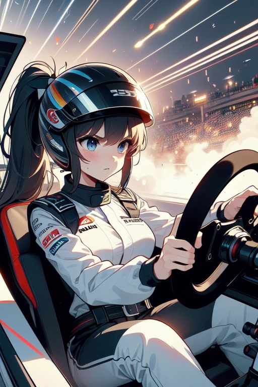 (((masterpiece))), (((best quality))), (((driving a formula racing))), ((fingers on steering wheel)), sitting on driver's seat, sharp eyes, ((helmet)), (((black uniform))), (((speed lines))), ((electricity)), ((spiral wind)), solo, 1girl, big tits, ponytail, sweat, slim figure, <lora:girllikeformularacing:1>