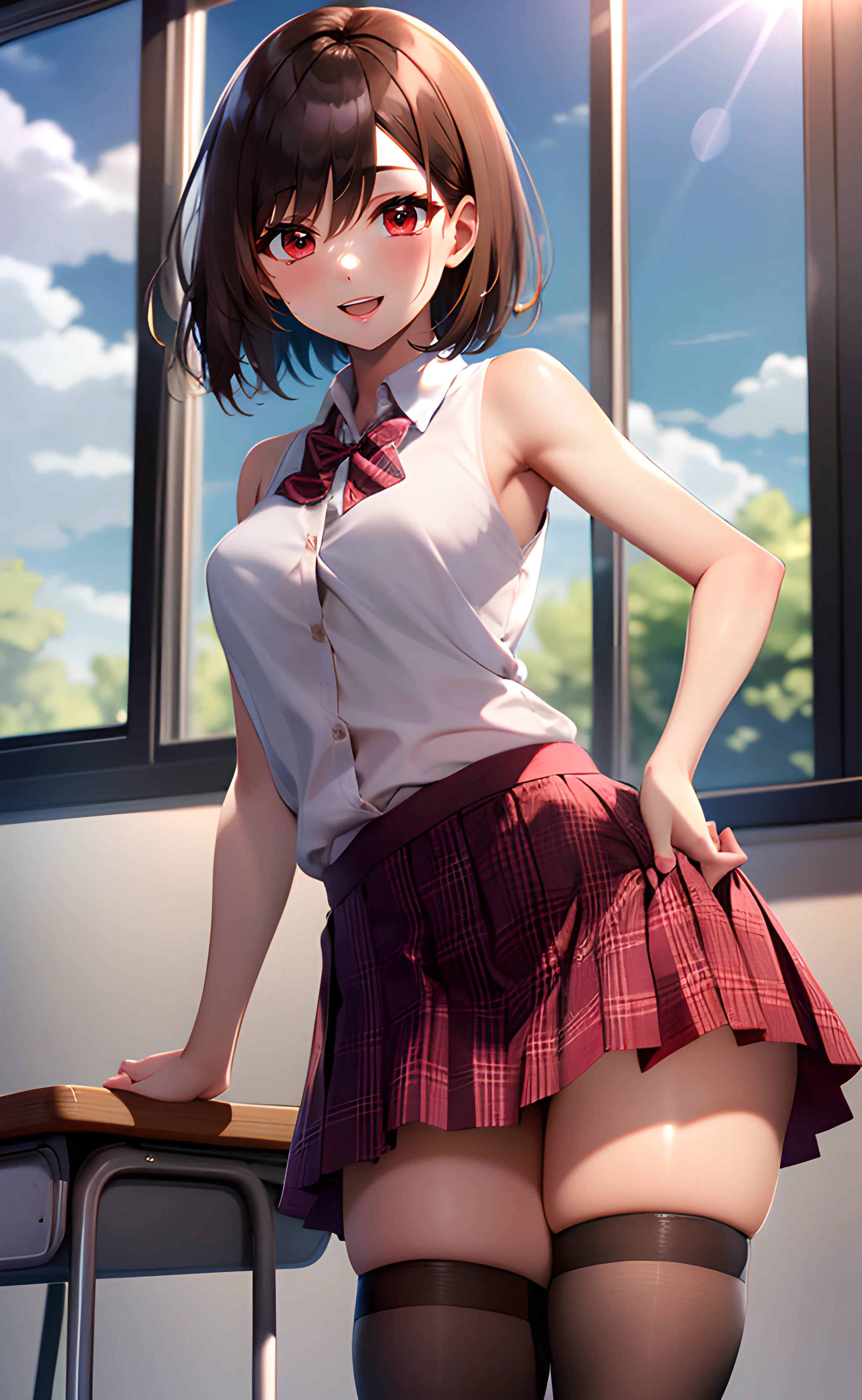 1girl, cowboy shot, standing, short hair, brown hair, red eyes, school uniform, white shirt, collared shirt, sleeveless shirt, red skirt, miniskirt, plaid skirt, black thighhighs, bare shoulders, bare arms, open mouth, smile, indoors, classroom, window, blue sky, sunlight