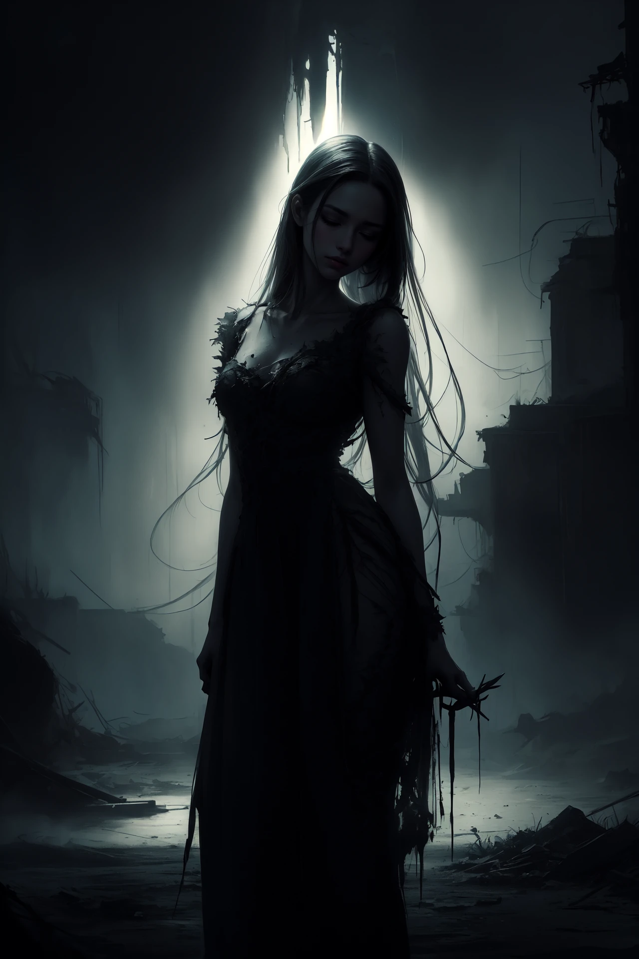 ((8k, best quality, masterpiece, extremely detailed, Rule of thirds)), (((light play, shadow play))), ((provocative pose)), ((horror photography)), ((film grain)), ((soft light passing through hair)), ((intense glow, atmospheric)), ((ghostly girl inside mental asylum)), torn white gown, gloomy, ((haunting scene)),