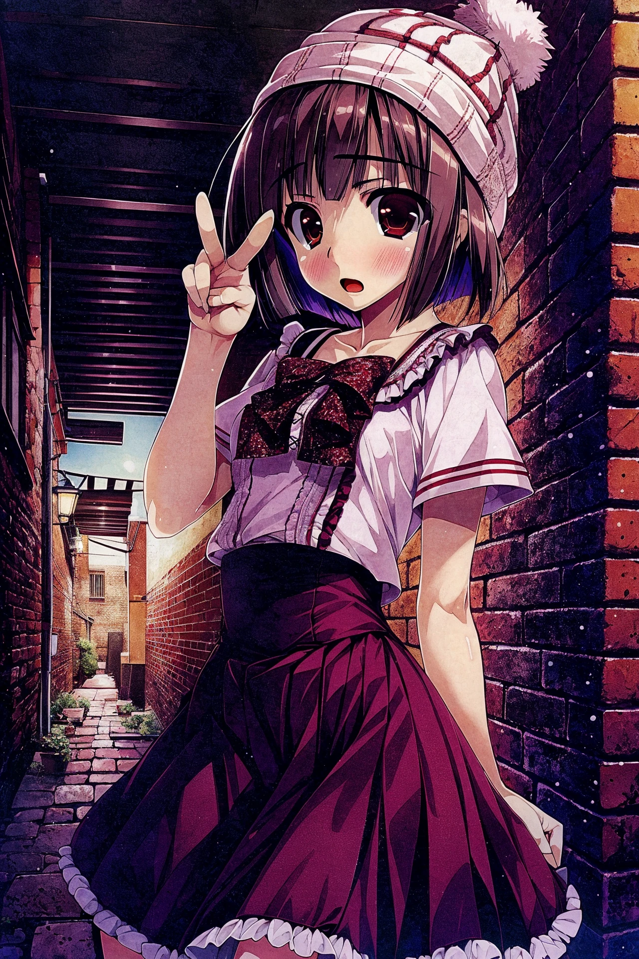 <lora:shintaro+MEI-000015:1> shintaro+, (masterpiece, top quality, extremely detailed, best quality, beautiful and aesthetic:1.2), (1girl:1.3), official art, high resolution, surreal,, panorama, back alley, brick walls, neon lights, indoors, light, v, peace sign, burgundy hair, short hair, pixie cut, orange eyes, young, __frilled_shirt_and_long_skirt1__, small breasts, shy, blush, beanie hat, open mouth