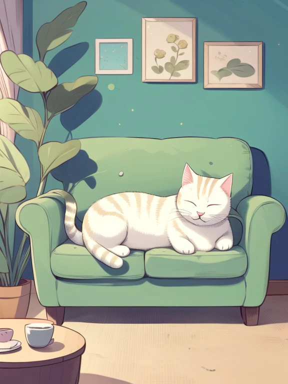 master piece, high quality, a cute cat, sleep on a sofa, in the bedroom, <lora:J_illustration:0.8> j_illustration