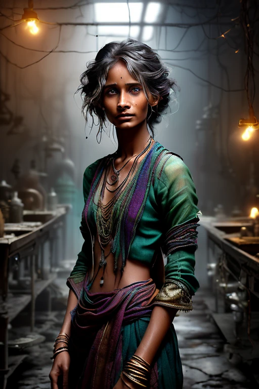 this vibrant photograph from a side created by emily soto records an indian, full-grown, and fit ((aarini31)); ; featuring a dark-haired updo hairstyle with . shown looking at the viewer within an abandoned alchemical laboratory with spotlights.