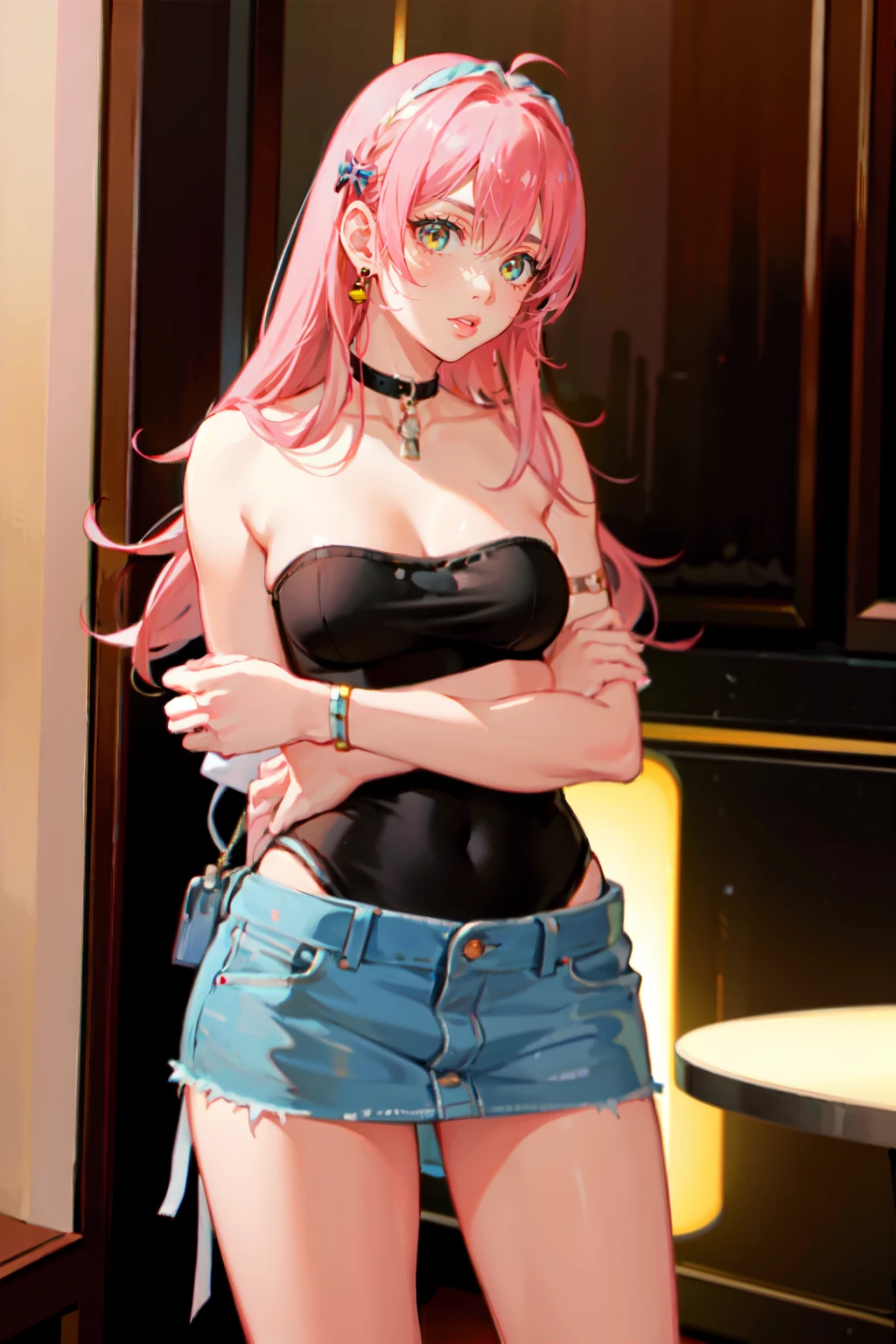 a woman wearing tube top and mini skirt, café, (edge lighting:0.5) <lora:fic-lorie:0.9>