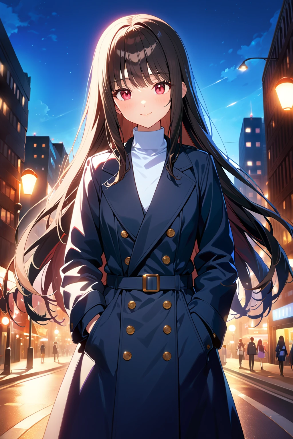 1girl, solo, teen, cowboy shot, (depth of field:1.2), (night), (long coat), downtown, (street light:1.1), (Fantastic lighting), looking at viewer, black hair, long hair, [smile], (Closed mouth)
best quality, 4K, ultra detailed CG, highres, source_anime, newest