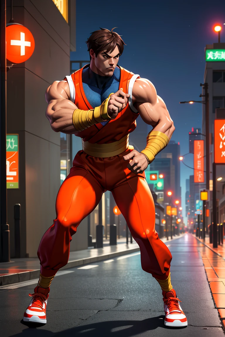 (masterpiece,  best quality:1.2),   ,  (depth of field:1.1), FFguy,  1guy,  orange dougi,  fishnet top,  hand wraps,  belt,  orange pants,  sneakers,  full body,  hands on hips,  city at night,  masterpiece,  highness,  perfect face,  perfect picture,  sharp focus,<lora:EMS-291488-EMS:1.000000>