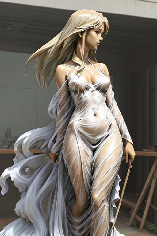 beautiful woman looking into the distance, slight smile, strong face, wind blowing dress, wet dress, see-through dress, luolirong, statue, statue by luo li rong, focused face, <lora:luolirong:1>