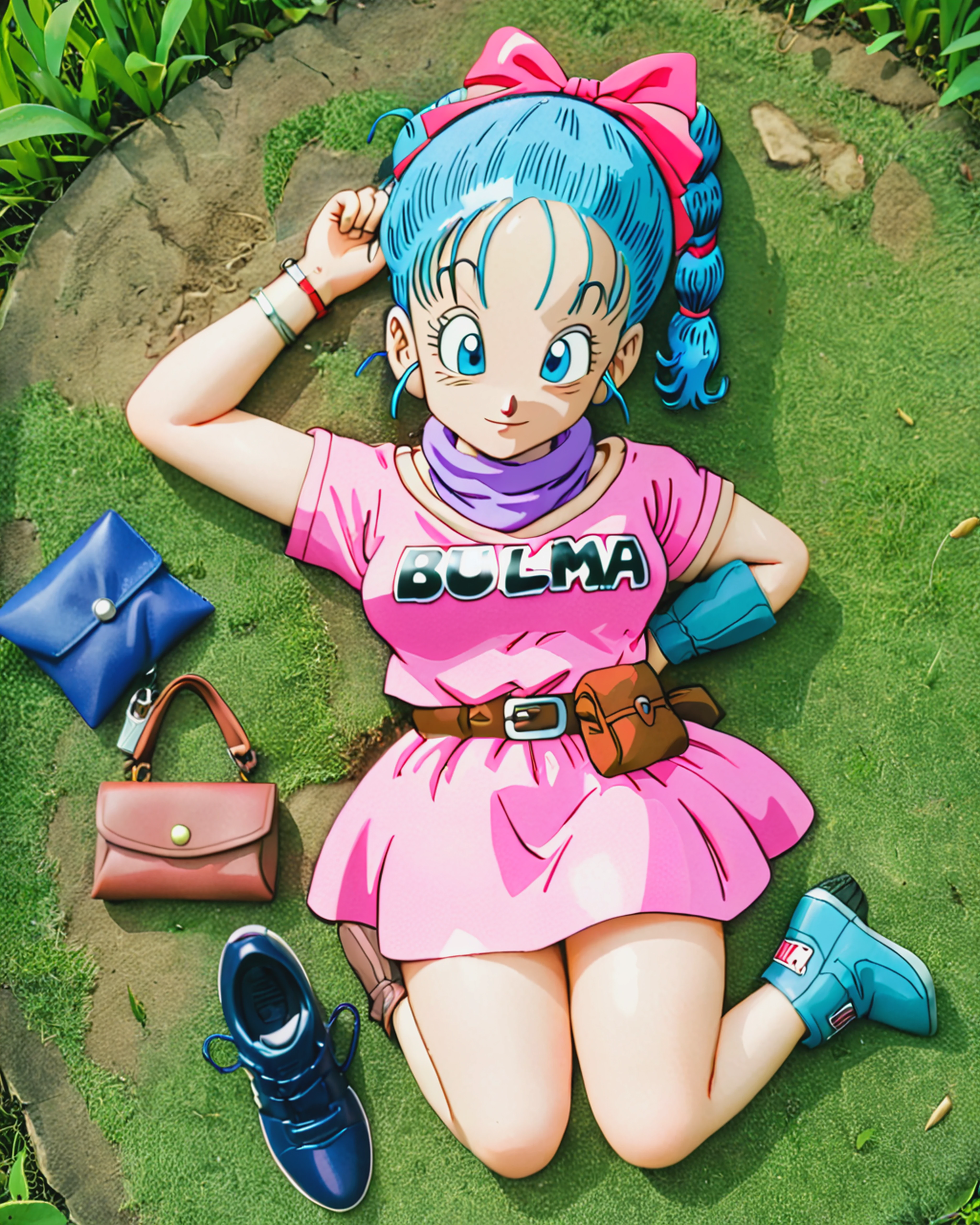 <lora:add-detail-xl:1> <lora:db1_bulma_XL:1> db1_bulma, pink dress, blue hair, blue pouch, lying on grass