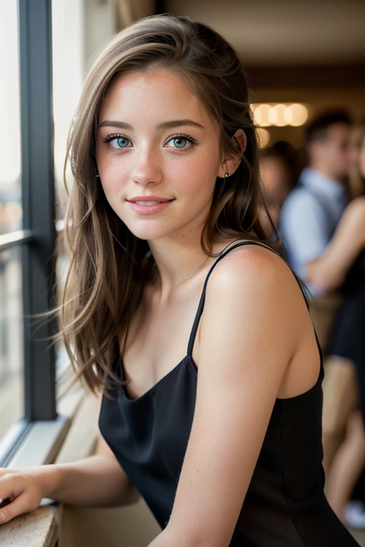 RAW photo of woman, (full body shot:1.1) portrait in a crowded disco, looking at viewer, (smile, happy:1.1), sharp focus, best quality, extremely detailed. (little black dress:1.3), (lens flare:1.01). BREAK kyl13-001, brunette hair, blue eyes. fcHeatPortraitat