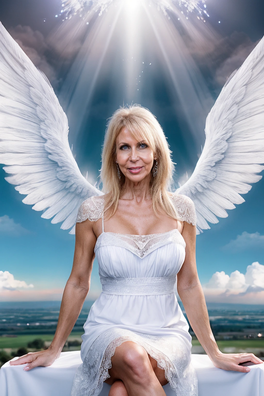 a RAW photo, portrait of ericalauren, wearing white lace dress, sitting on a cloud, angel, angel wings, romantic, sky background, cinematic shot, volumetric lighting, detailed eyes and face, magnificent, epic, sharp focus, dlsr, rim lights, blurry background, best quality, highly detailed, masterpiece, 8k, <lora:add_detail:1>, <lora:EricaLauren:1>,