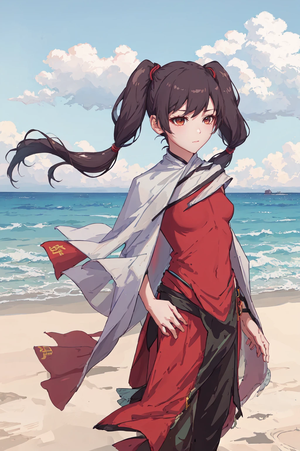 (masterpiece, best quality, highres:1.1), (detailed background), cowboy shot, outdoors, beach, ocean, day, sunlight,
1girl, solo, ( huanxin:1.1), white capelet, twintails, small breasts, skin tight,
<lora:huanxin-000018:0.7>