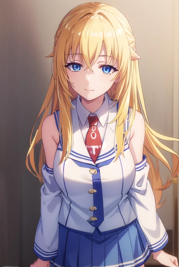 yurishiafarandole, <lora:yurishia farandole s1-lora-nochekaiser:1>,
yurishia farandole, long hair, blue eyes, blonde hair, hair between eyes, smile,
BREAK skirt, bare shoulders, school uniform, detached sleeves, necktie, uniform, (white shirt:1.2),
BREAK indoors, classroom,
BREAK looking at viewer, (cowboy shot:1.5),
BREAK <lyco:GoodHands-beta2:1>, (masterpiece:1.2), best quality, high resolution, unity 8k wallpaper, (illustration:0.8), (beautiful detailed eyes:1.6), extremely detailed face, perfect lighting, extremely detailed CG, (perfect hands, perfect anatomy),