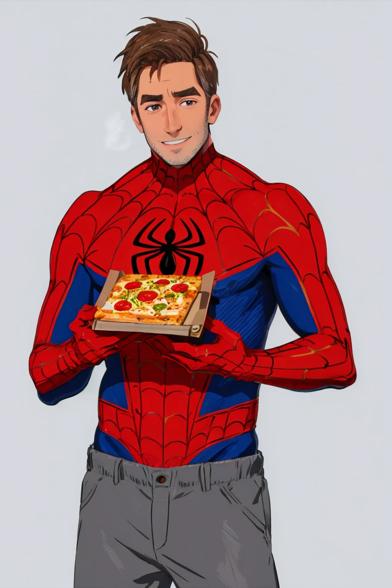 peterbparker, spideysuit, 1boy, solo, male focus, mature male, short hair, brown hair, brown eyes, thick eyebrows, facial hair, stubble, superhero, spider web print, red bodysuit, blue bodysuit, multicolored clothes, looking at viewer, smile, cowboy shot, food, holding pizza, pizza slice, grey pants, simple background <lora:Spider-Man (Peter B. Parker) v1.0 LoRA_SD v1.5_1024_Merge_1:0.8>