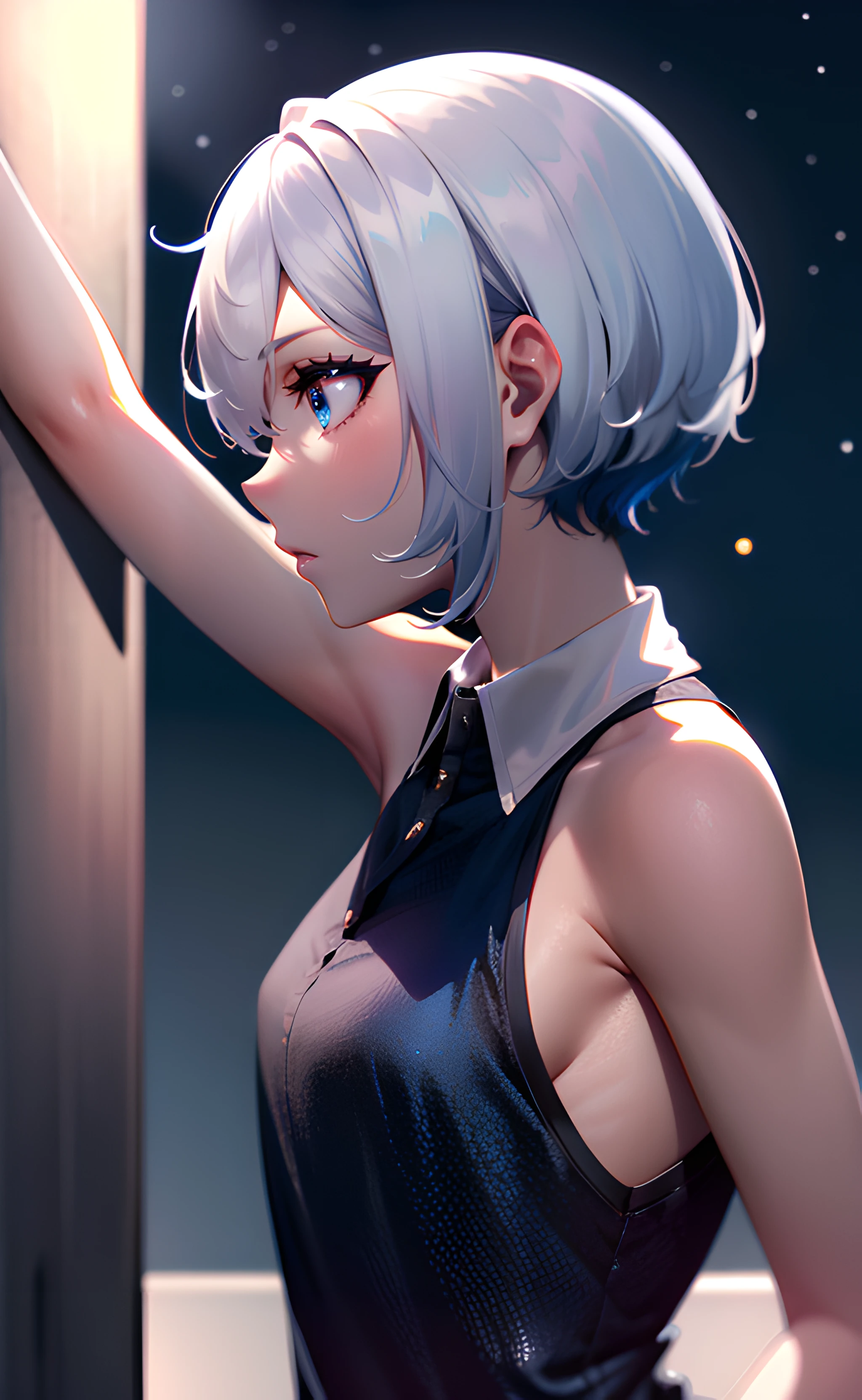 1girl, close up, shoulder focus, from side, short hair, silver hair, blue eyes, black dress, collared dress, sleeveless dress, bare shoulders, bare arms, night, night sky