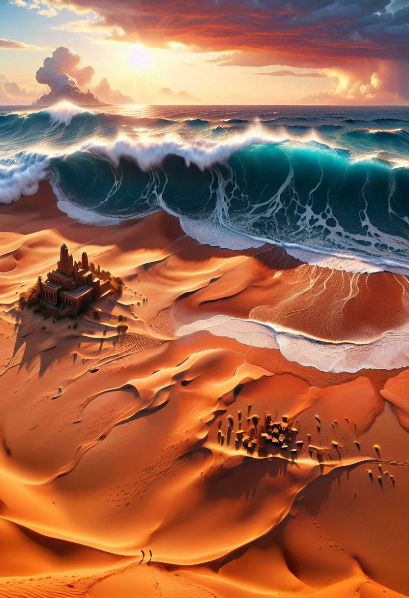 The relentless waves of the ocean crash against the shores of a desert city, an unlikely meeting of elements in a surreal landscape.Perfectly composed and meticulously detailed, this masterpiece captured in Octane mesmerizes in 8k resolution. Trending on ArtStation, it's an award-winning photograph that transports you to a realm of cosmic wonder, Surreal, epic, size play, vivid magic realism, tiny silhouettes from people showing how epic the scene is, By Hans-Werner Sahm and Marc Adamus. 64K, UHD, HDR, octane render, depth by atmosphere, vivid color palette., depth by atmosphere, dynamic lighting.