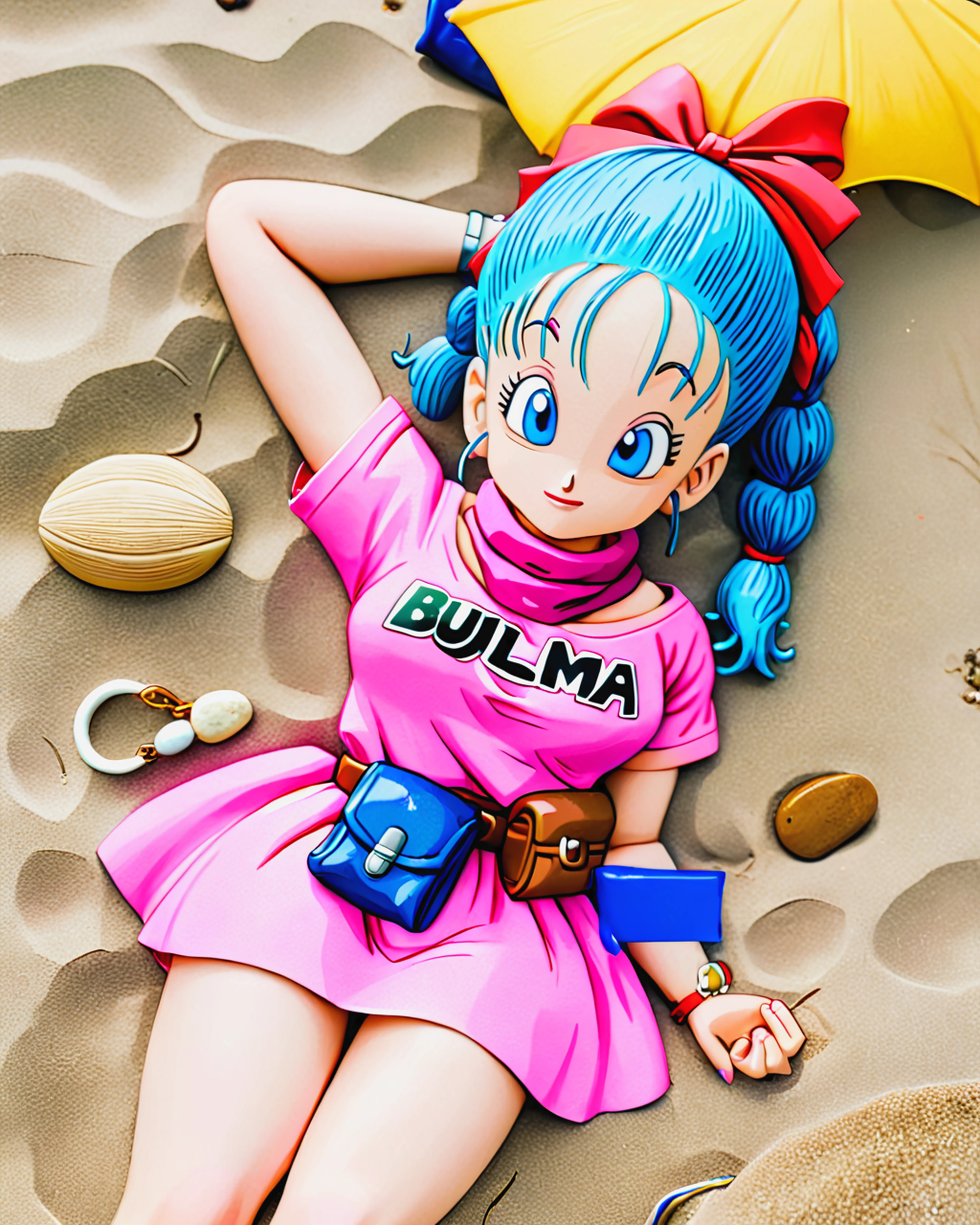 <lora:add-detail-xl:1> <lora:db1_bulma_XL:1> db1_bulma, pink dress, blue hair, blue pouch, relaxing at the beach