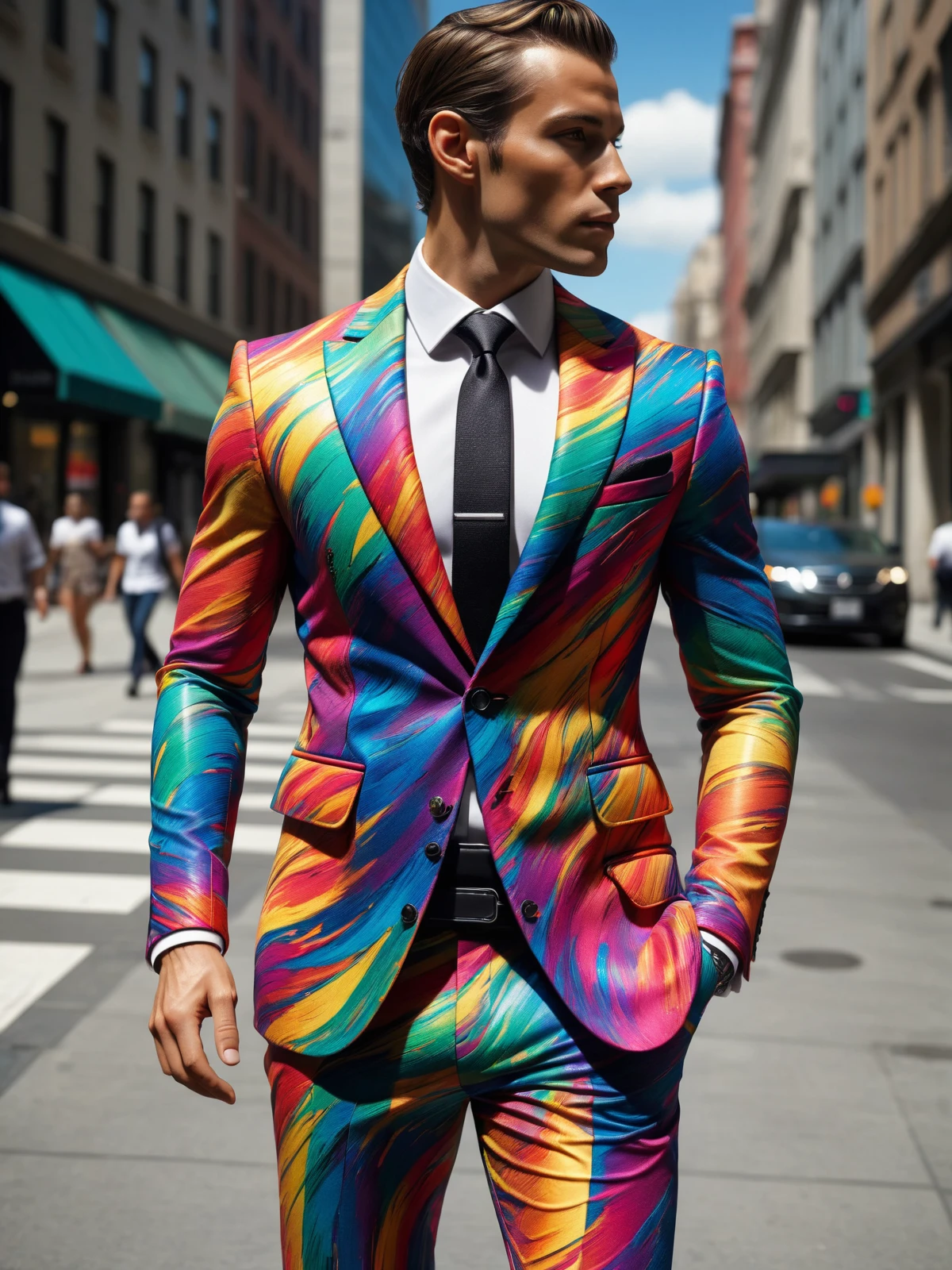 man wearing a rainbow-colored mad-exp business suit walking through city, dynamic pose   <lora:Colorful_Expressionism_SDXL:0.6>, (masterpiece:1.2), best quality, (hyperdetailed, highest detailed:1.2), high resolution textures