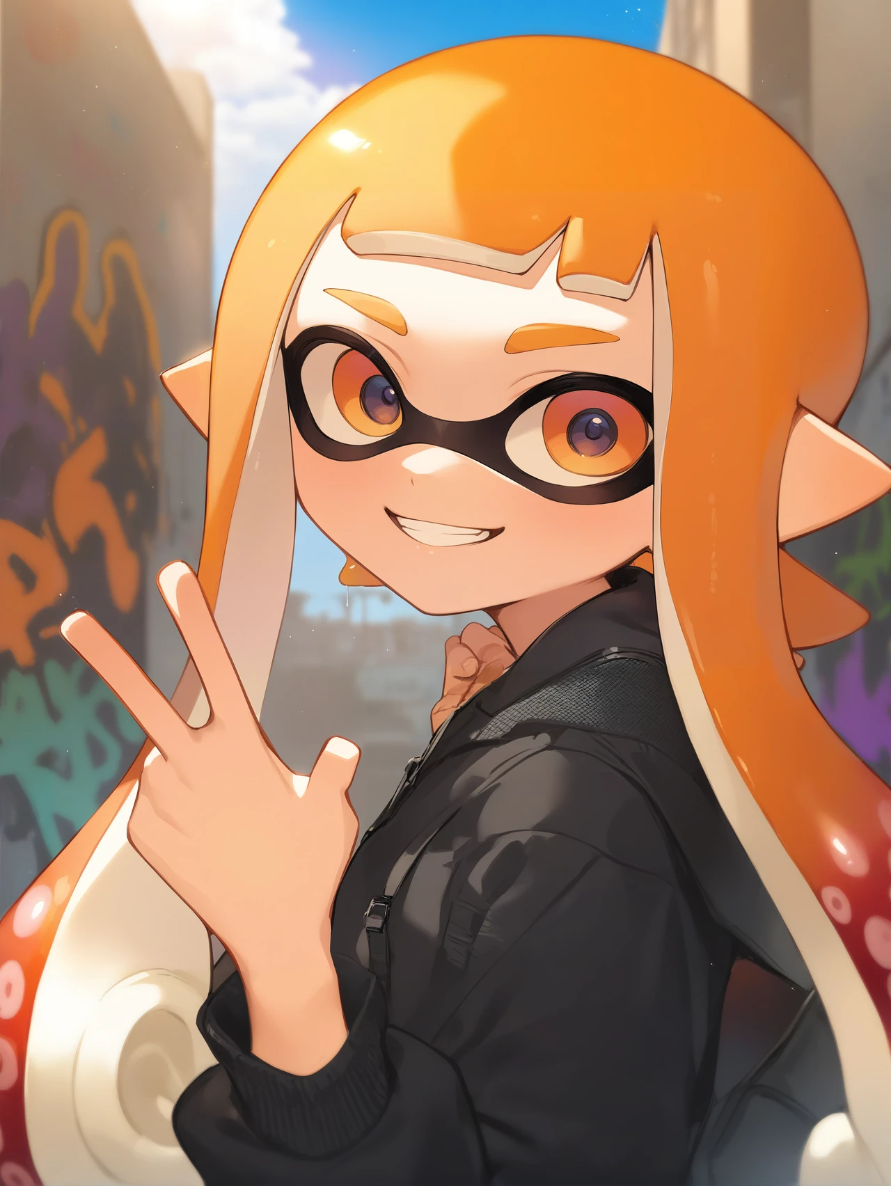 masterpiece, best quality, high quality, solo, splatoon inkling, (long tentacle hair, symmetrical tentacles:1.2), mask, smiling, perfect hands, (backwards peace sign, back of hand:1.2), fingers, thumb, finger guns, blue hair, urban alleys, graffiti, incredible lighting, sunset, great composition, sports bag, golf bag, <lora:SplatoonInkling_v030:1>