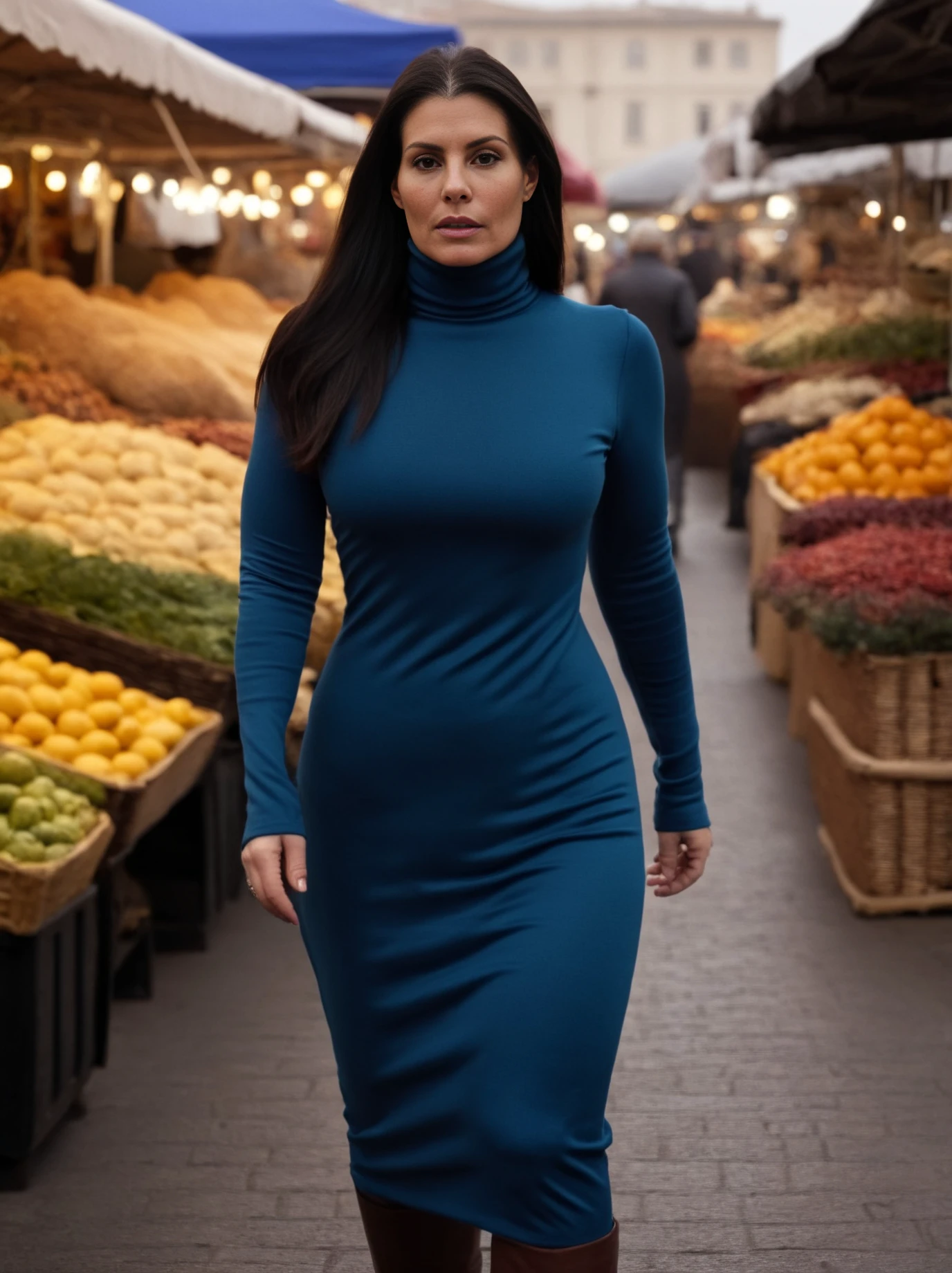cinematic film still of Photorealism <lora:KorinthiouSDXL-000008:1>, full body photo of 45 yo KorinthiouSDXL in turtleneck dress, walking in a street market, Photorealism, often for highly detailed representation, photographic accuracy, or visual illusion., shallow depth of field, vignette, highly detailed, high budget, bokeh, cinemascope, moody, epic, gorgeous, film grain, grainy