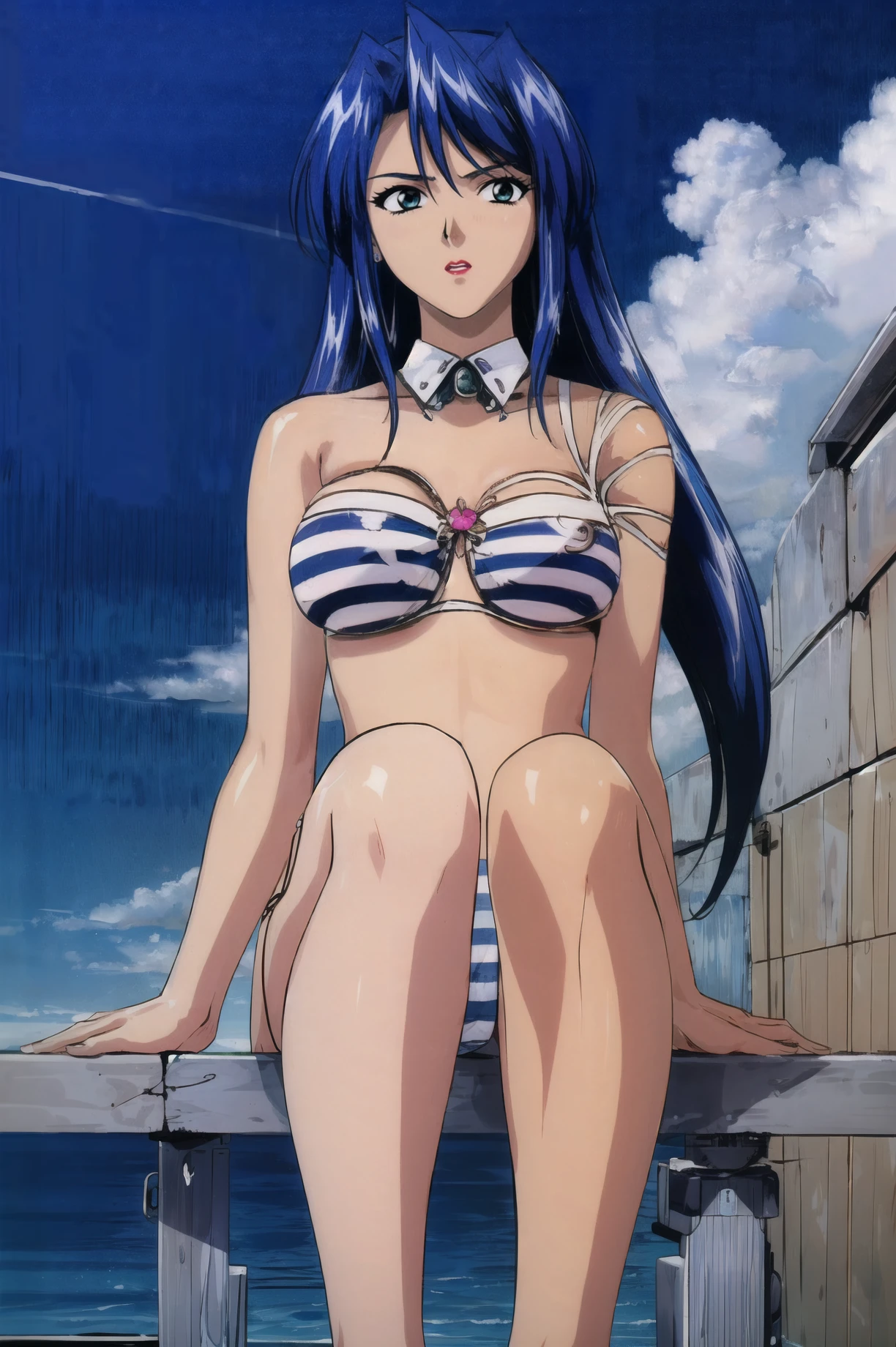 masterpiece, best quality, 1girl, looking at viewer, ultra detailed, <lora:add_detail:0.5>, <lora:Saika_FW:1> , blue hair, blue eyes, long hair, lipstick, (striped bikini:1.4), on a bridge