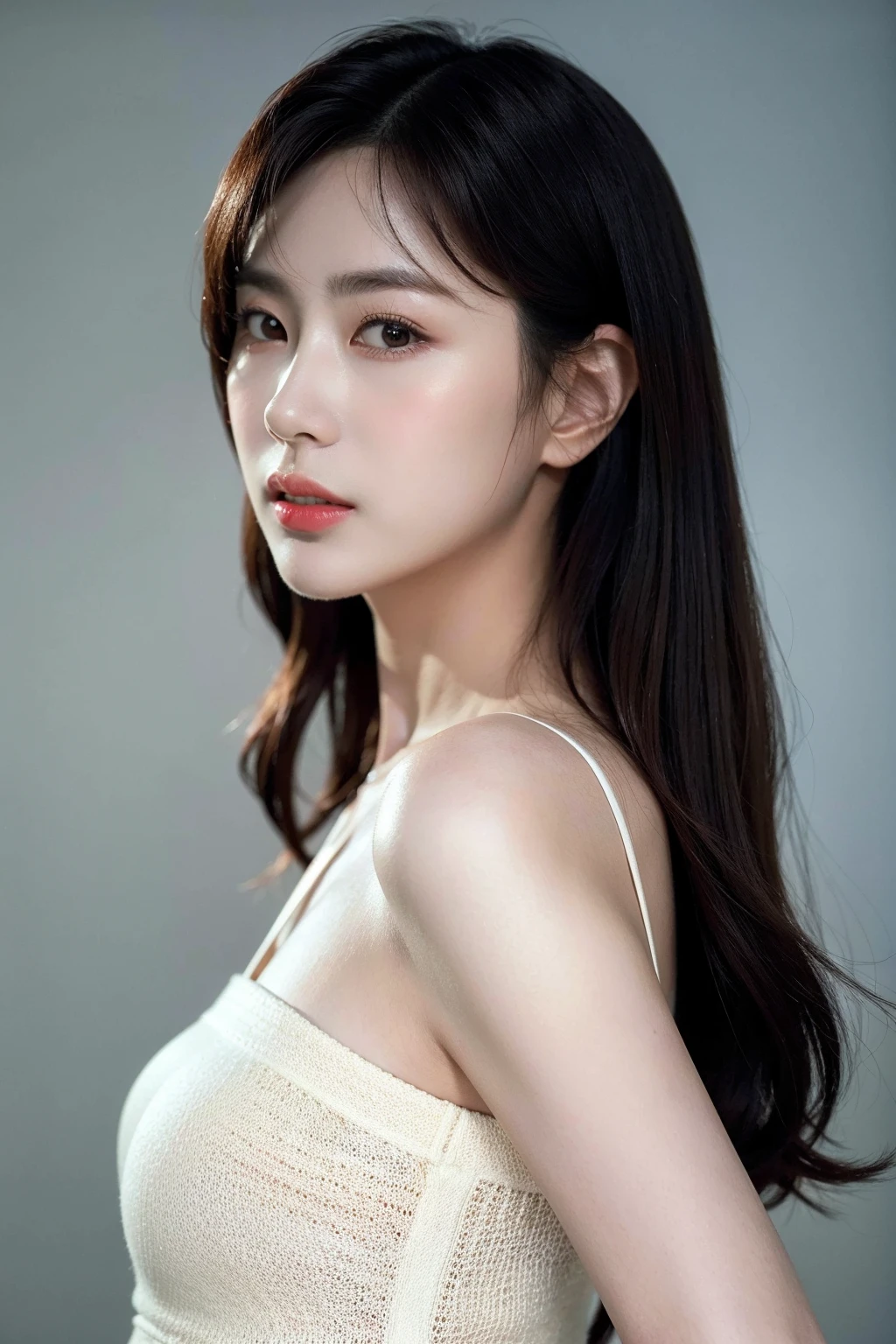 Best quality, masterpiece, ultra high res, (photorealistic:1.4), raw photo,1girl, solo, realistic, looking at viewer, parted lips,simple background, upper body, <lora:makina69_hayoung_v1.0:1>