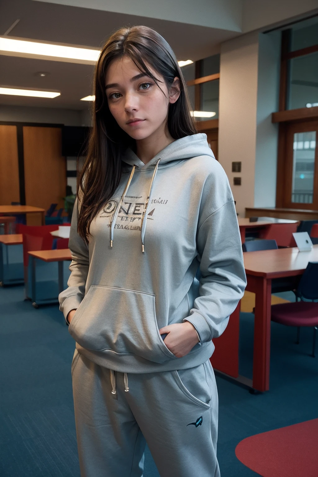 a woman wearing hoodie and sweatpants, library, (cinematic lighting:0.5) <lora:fic-wendy:0.9>