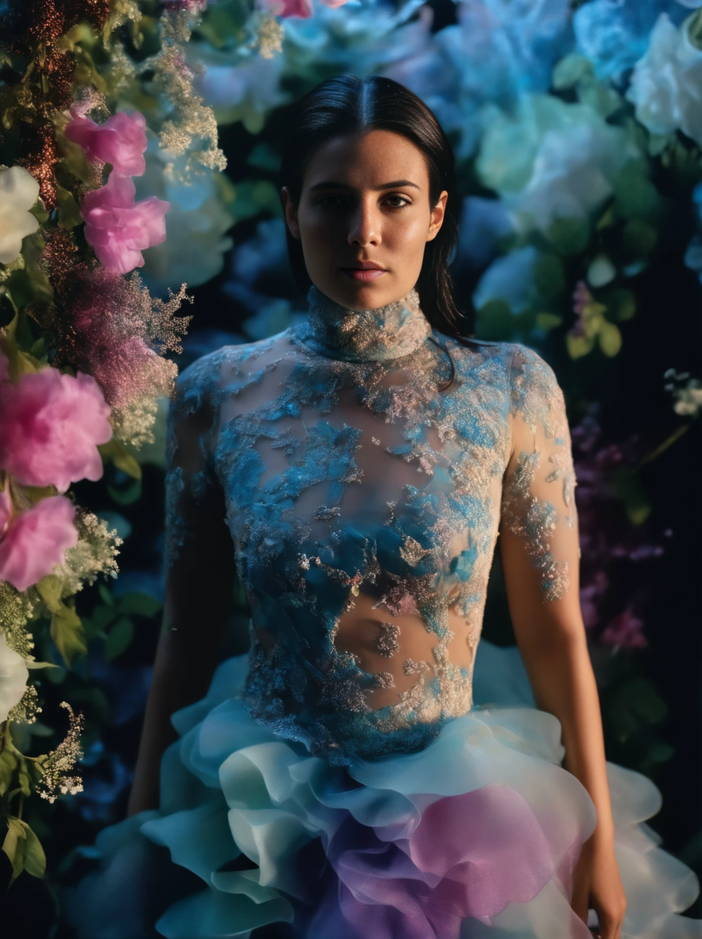 Photorealism <lora:KorinthiouSDXL-000008:1>, KorinthiouSDXL, photography, (centered:1), A Photograph of a seductive muse, bathed in the ethereal glow of bioluminescent blooms, as her vibrant turtleneck dress transforms into an enchanting floral cascade <lora:neg4all_xl_bdsqlsz_V5:1> <lora:add-detail-xl:1.7>, Ultra-realistic, Manic, Pixiecore, Direct light, film grain, Kodak portra 800, 800mm lens, biomorphic forms, dark pastel dust particles, wallpaper, 8K, photorealistic, highly detailed:1.2), best selling (masterpiece, colorful:1), pores, (glossy and and wet and sweaty skin:0.8), volumetric lighting, dslr, subsurface scattering, highest quality, (professional:1), (sharp focus:1.2), dermaesthetic, cold and pale and light colors, (light contrast and soft shadows:1.2), Photorealism, often for highly detailed representation, photographic accuracy, or visual illusion.