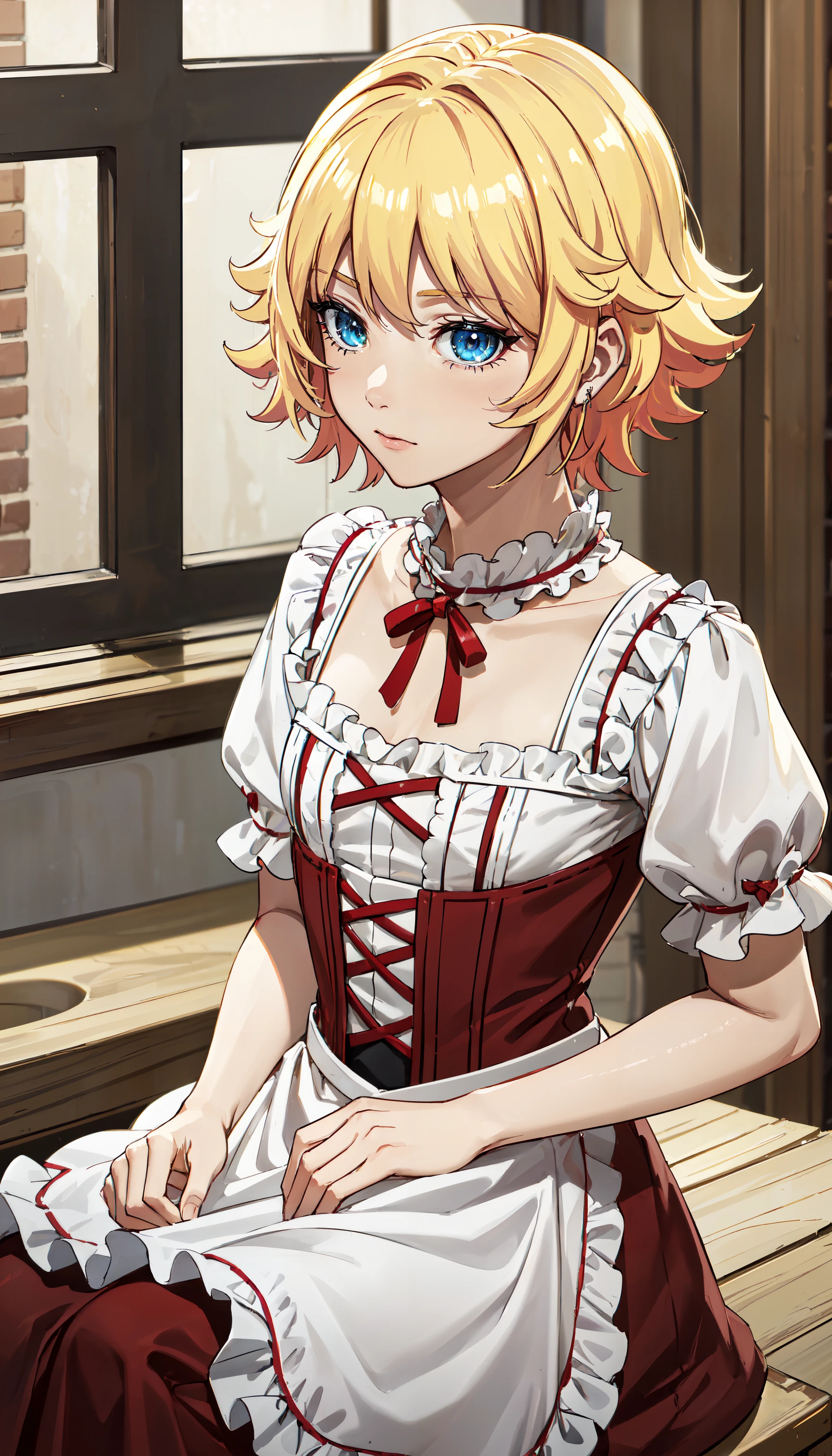 photorealistic, (4k), depth of field, (Masterpiece), (realistic skin texture), extremely detailed, intricate, hyper detailed, professional photography, bokeh, high resolution, sharp detail, best quality, girl, short hair, blonde hair, blue eyes, white blouse, (red dress), red corset, waist apron, <lora:GoodHands-beta2:0.5>. <lora:detail_slider_v4:0.8> , dynamic pose, (sitting), <lora:Ururu Fleur-000003:0.8> , bare neck, petite,