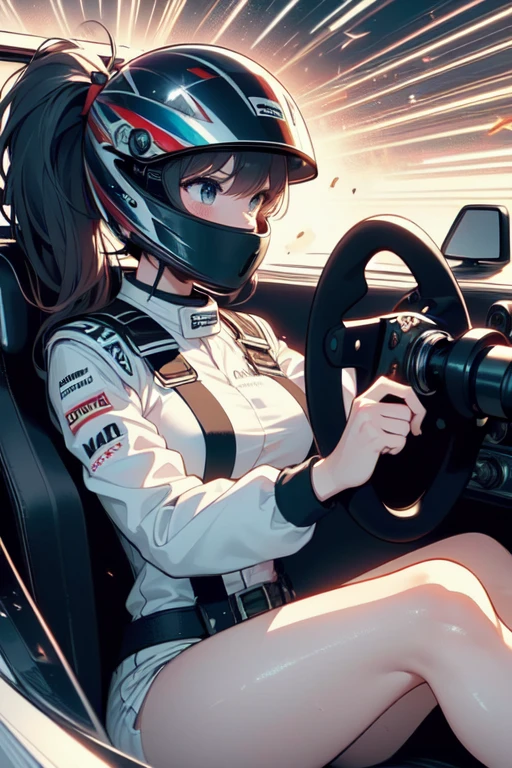 (((masterpiece))), (((best quality))), (((driving a formula racing))), ((fingers on steering wheel)), sitting on driver's seat, sharp eyes, ((helmet)), ((black uniform)), (((speed lines))), ((electricity)), ((spiral wind)), solo, 1girl, big tits, ponytail, sweat, slim figure, <lora:girllikeformularacing:1>