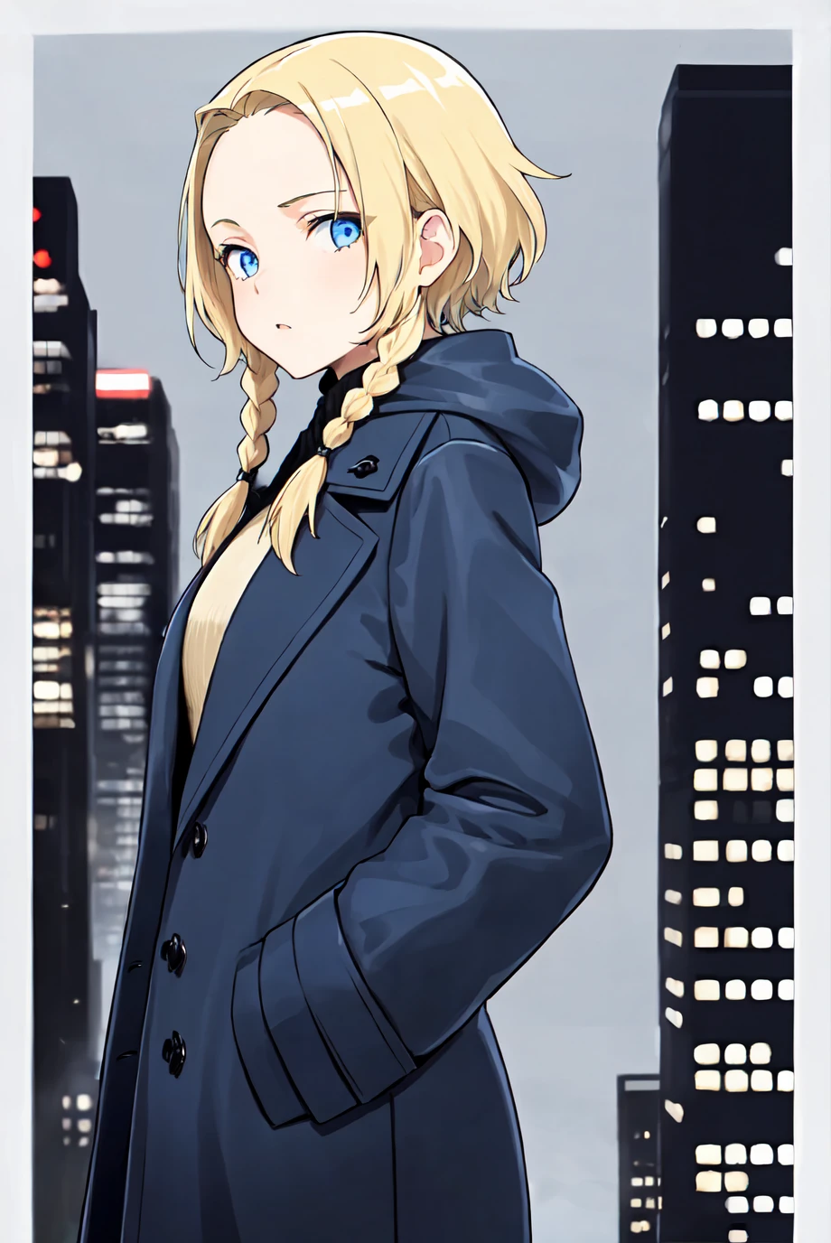1girl, blonde hair, twin braids, short hair, forehead, dark blue eyes, coat, simple background, winter, hands in pockets, blue theme, cityscape, <lora:Outline_V2:1>