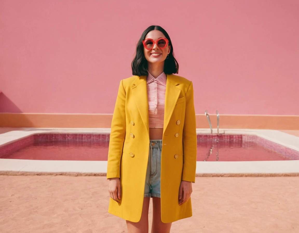 w3s and3rson movie style,colour palette by w3s and3rson,woman,full body,happy smile,solo,long black hair,heart background,red-tinted eyewear,yellow and pink pool,clothes in w3s and3rson style,photo by w3s and3rson