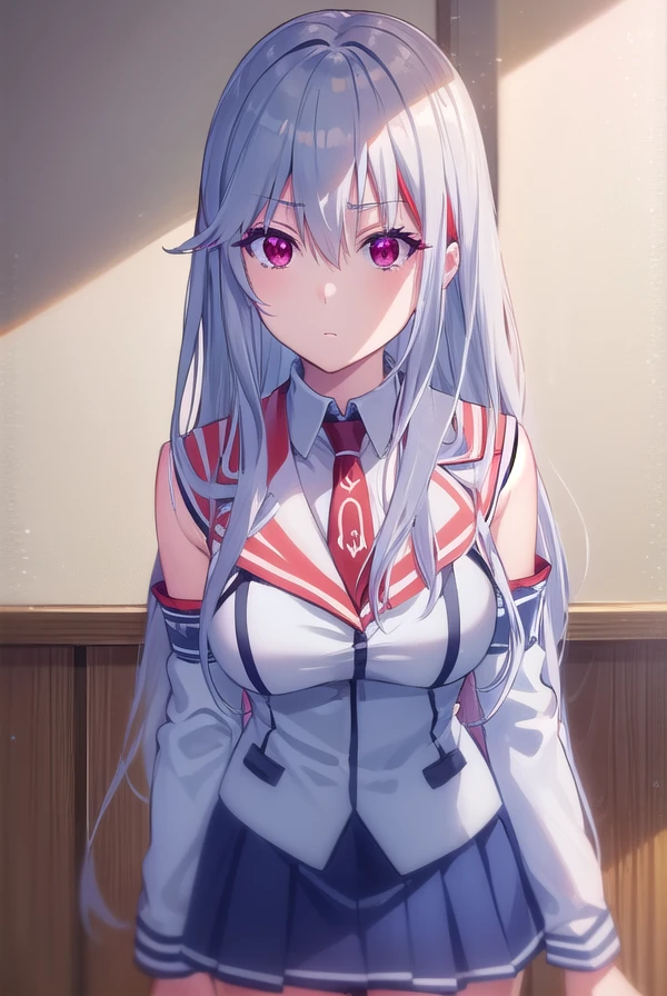 tmasterpiece，best qualityer，Cinematic lighting effects，Particle light effects，Halo，Aesthetic filters，1girll,White long hair，Red eyes,horn,Tail,Shyness blush，
sitted，Lower breast，Student dormitories，