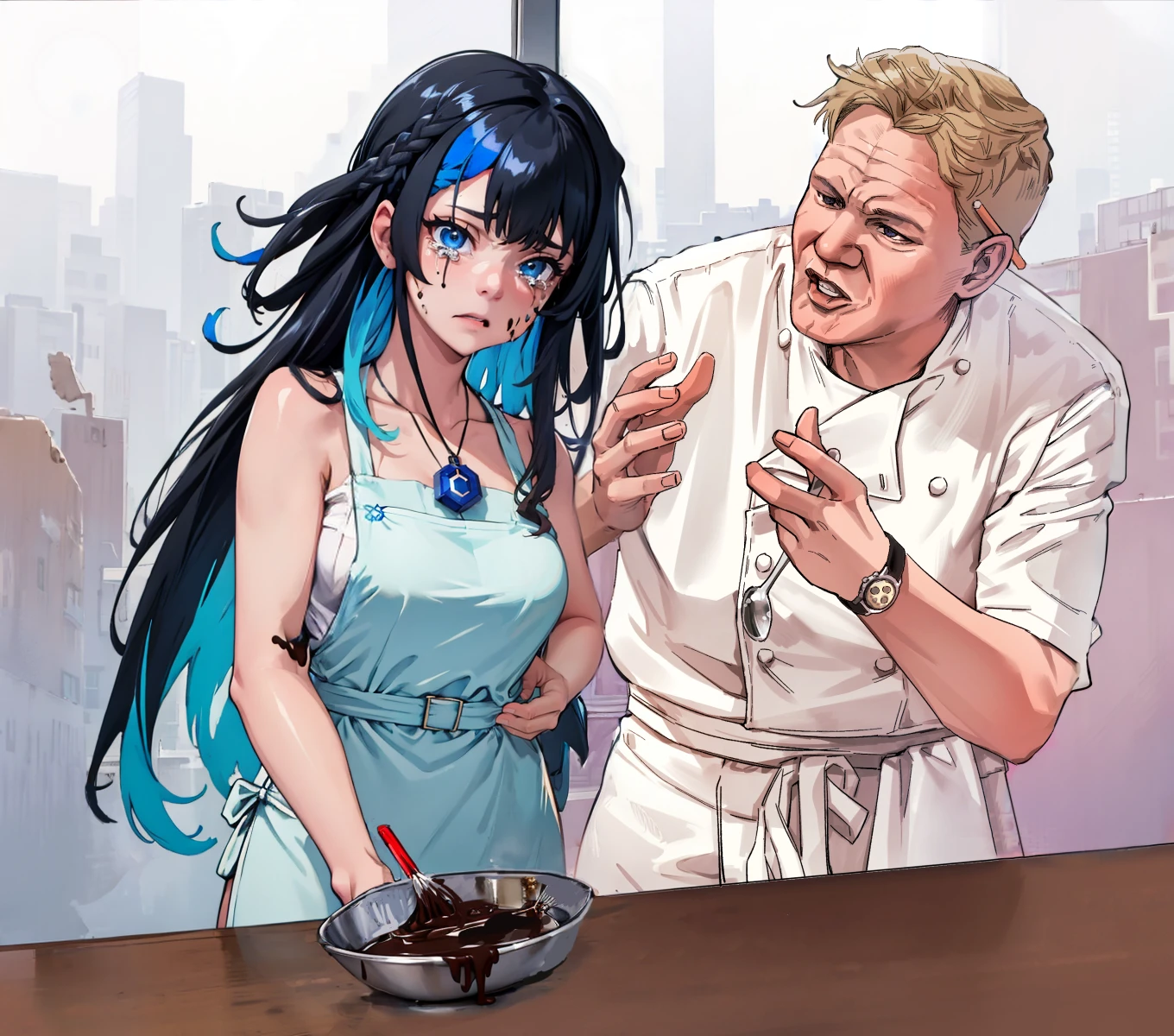 High Quality, Masterpiece, 1girl, IncrsChocoMaker, <lora:ChocolateMaking:1>, whisk, apron, food on face, kitchen, chocolate on body, panicking, civitai-chan, braided bangs, multicolored hair, black hair, blue hair, blue eyes, necklace, <lora:Char_Meme_Civitaichan:0.8>,