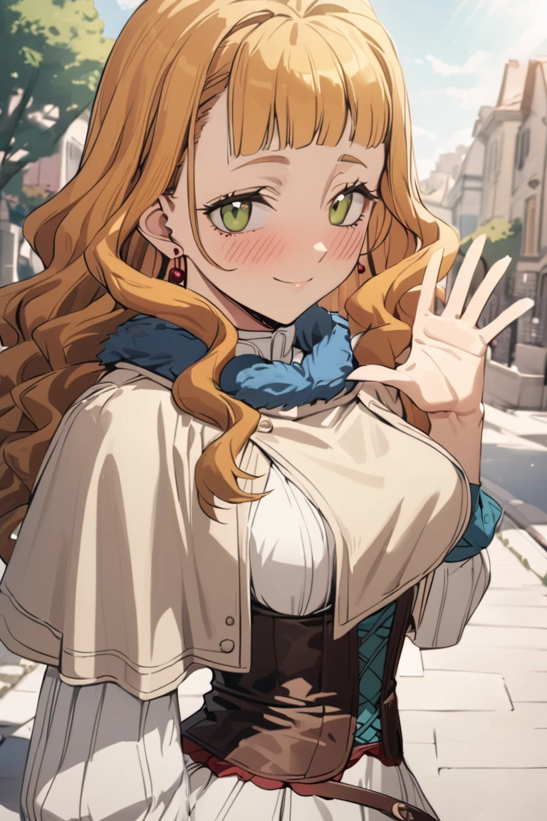 masterpiece, best quality, ultra detailed, cute, 
1girl, mimosa vermillion, green eyes , wavy hair, earrings,
white dress, , capelet, fur trim, corset, belt, waving hand, saying hi, blush, light smile ,cowboy shot, looking at viewer, outdoors, best quality, absurdres, best aesthetic
<lora:MimosaVermillion_XL-000009:1>