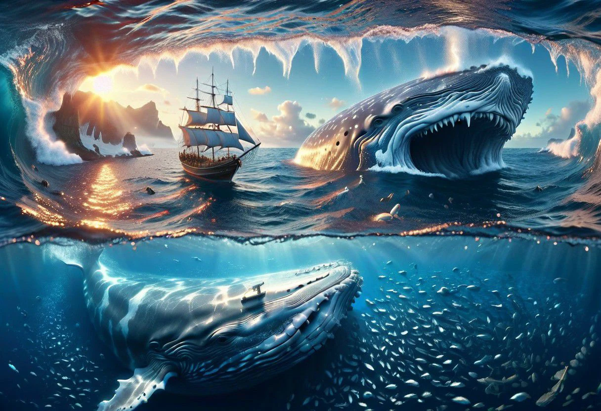 split-level photography, phantasmagoric, a little boat sails the gigantic ocean, under the water you see a epic whale , th boat looks in comparison extreme tiny, Final 3D render, clear+sparkling details. lovely attention to detail,Rendered in Octane ,8K resolution for best quality, By Hans-Werner Sahm and Marc Adamus. 64K, UHD, HDR, ethereal atmosphere, vibrant colors, surreal details.