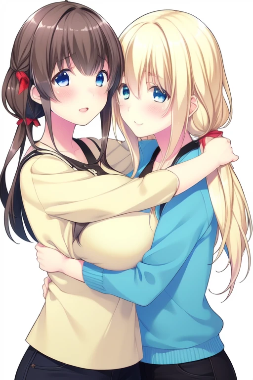 <lora:Uekusa_Hibari:0.8>, UekusaHibari, 2girl, brown hair, long hair, hair ribbon, yellow eyes, large breasts, break, hug,
UekusaHibari, blonde hair, blue eyes, twintails, large breasts, bangs, long hair, hair between eyes,
yuri,
masterpiece, high quality, very_high_resolution, large_filesize, full color,