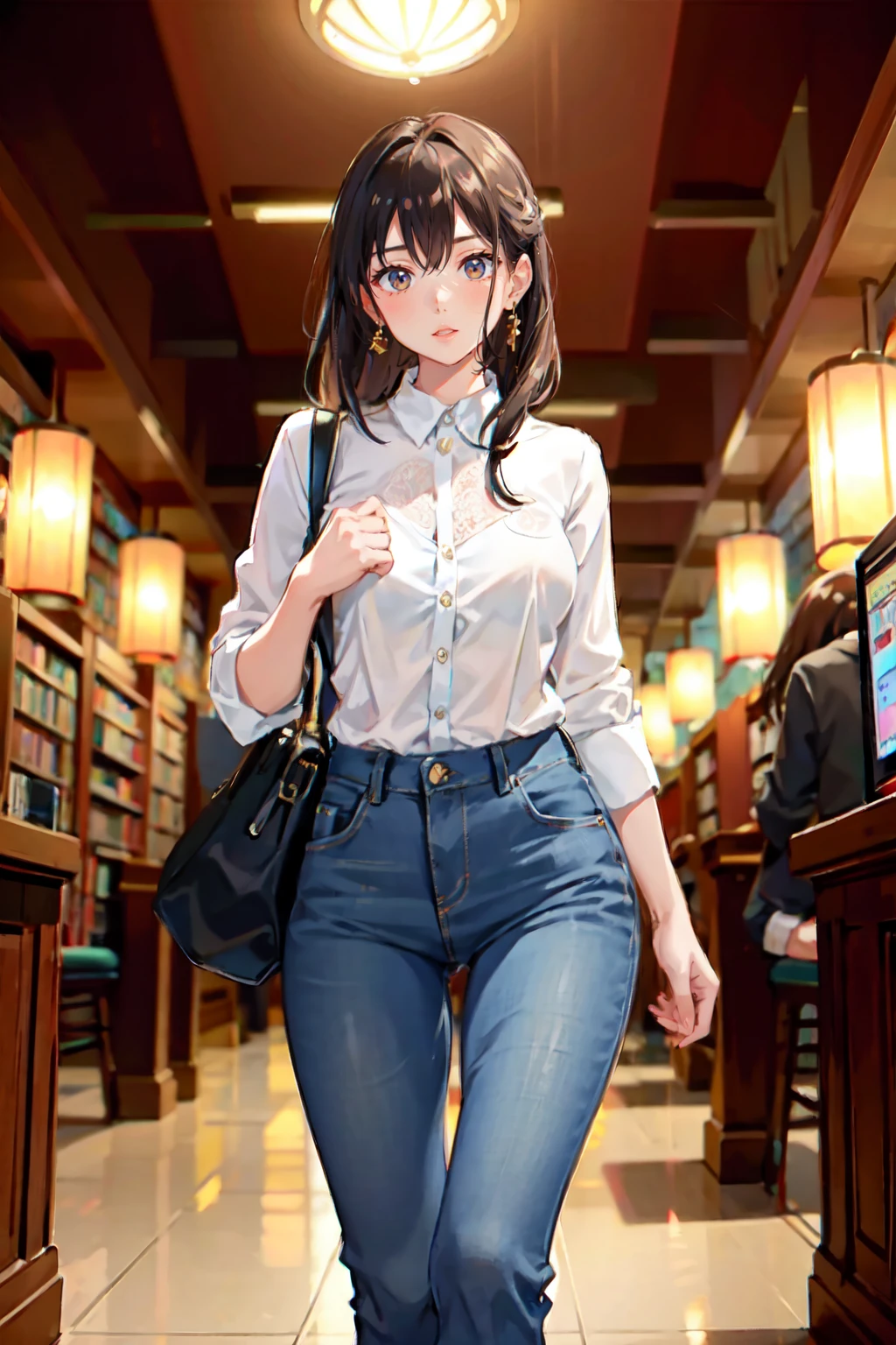 a woman wearing shirt and jeans, library, (bounced lighting:0.5) <lora:fic-Daisy:0.8>