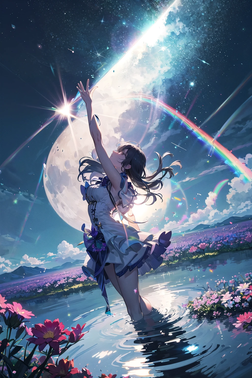 extremely delicate and beautiful,8k wallpaper,illustration,dynamic angle,a complicated sky,flowers in the mirror and moon in the water,lake,flashing rainbow,horizon,stand on the water,lens flare,bloom,hdr,lens flare abuse,caustics,sparkle,dramatic shadow,reflection,